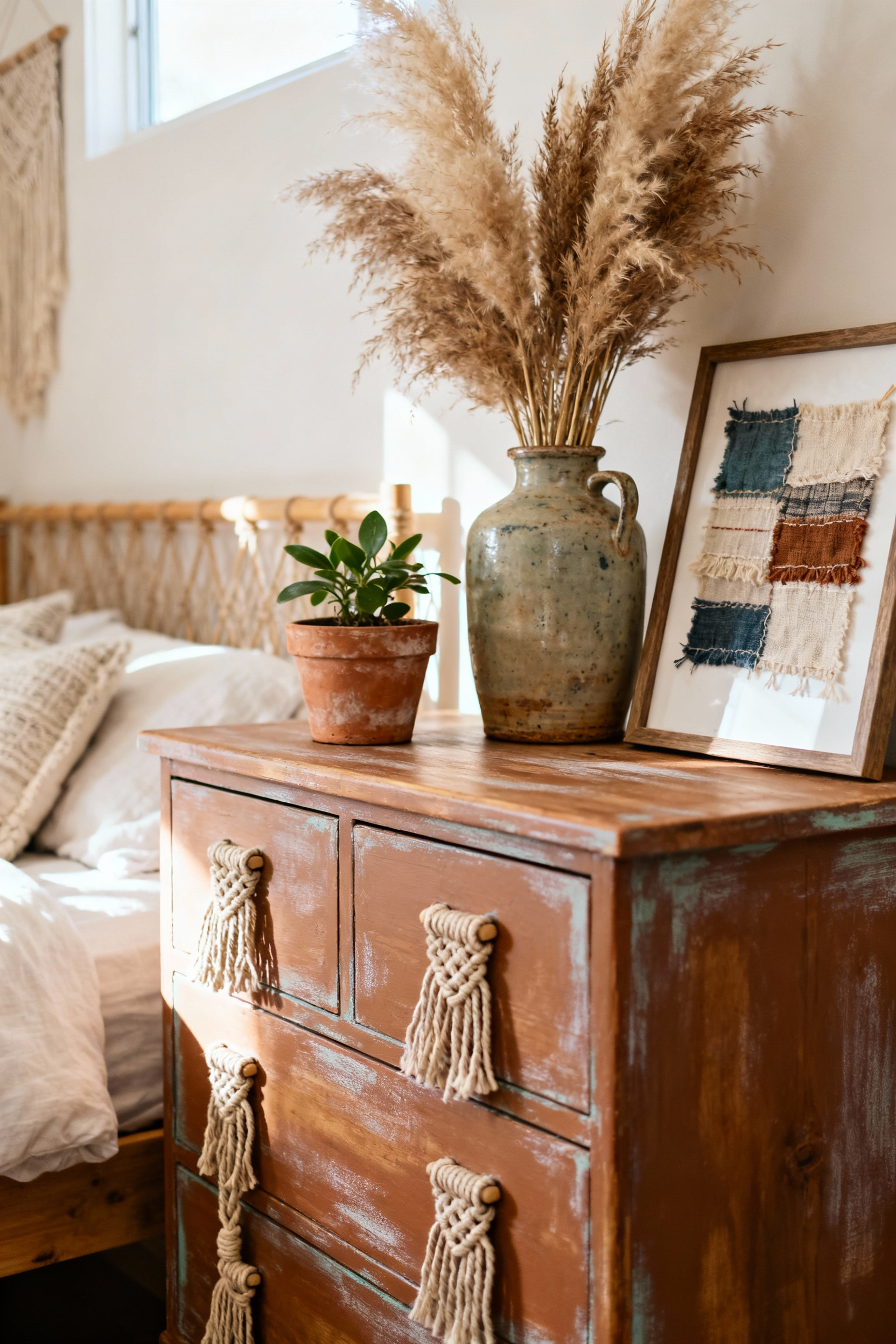 Boho bedroom corner with an upcycled wooden dresser, macrame pulls, repurposed terracotta pot, dried pampas grass, and textile art. Represents sustainable furniture personalization.