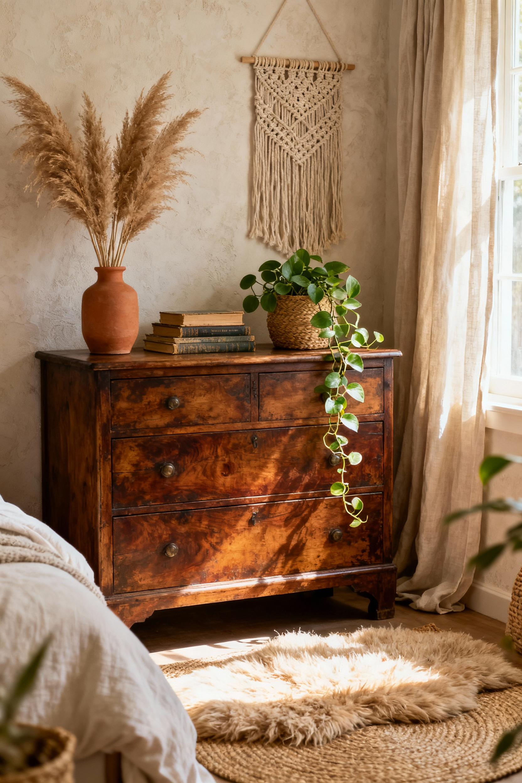 A boho bedroom featuring an antique wooden dresser adorned with pampas grass, vintage books, and a plant, creating a warm, historic feel.