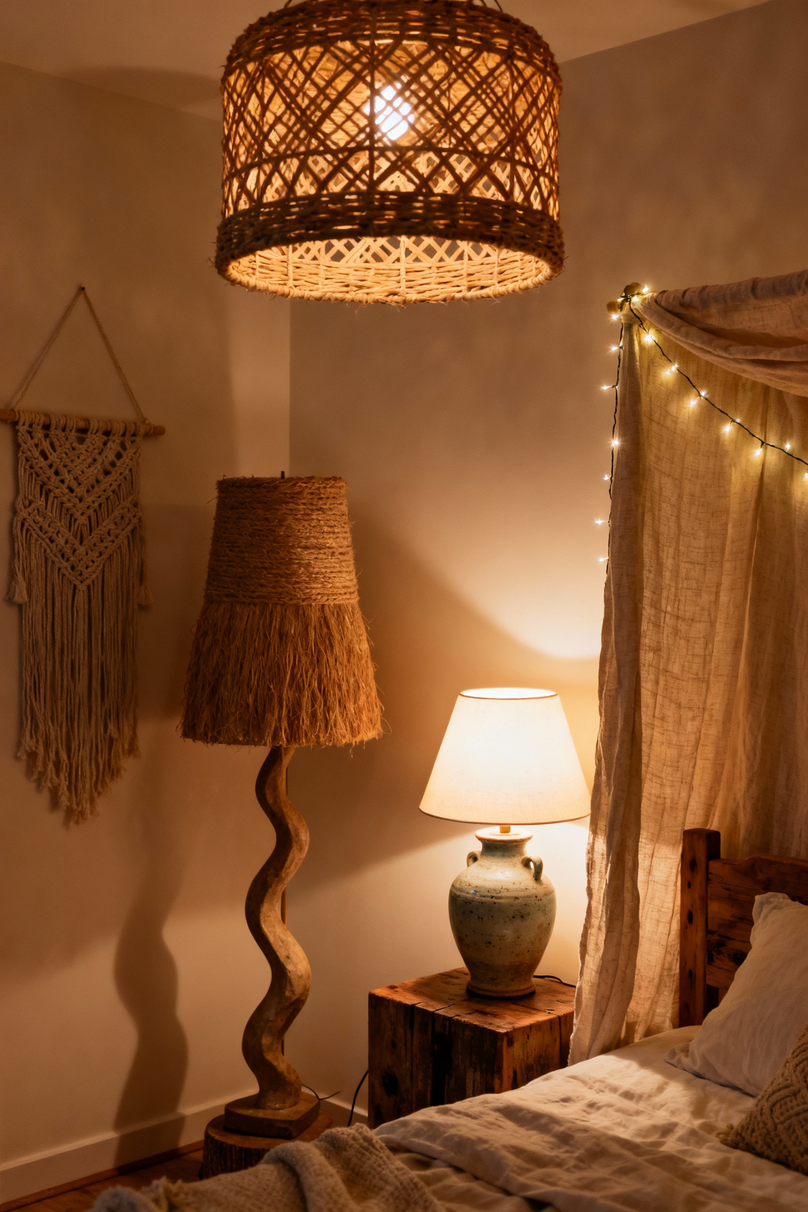 Boho bedroom with ambient layered lighting, rattan pendant, jute floor lamp, ceramic table lamp, fairy lights, warm glow.