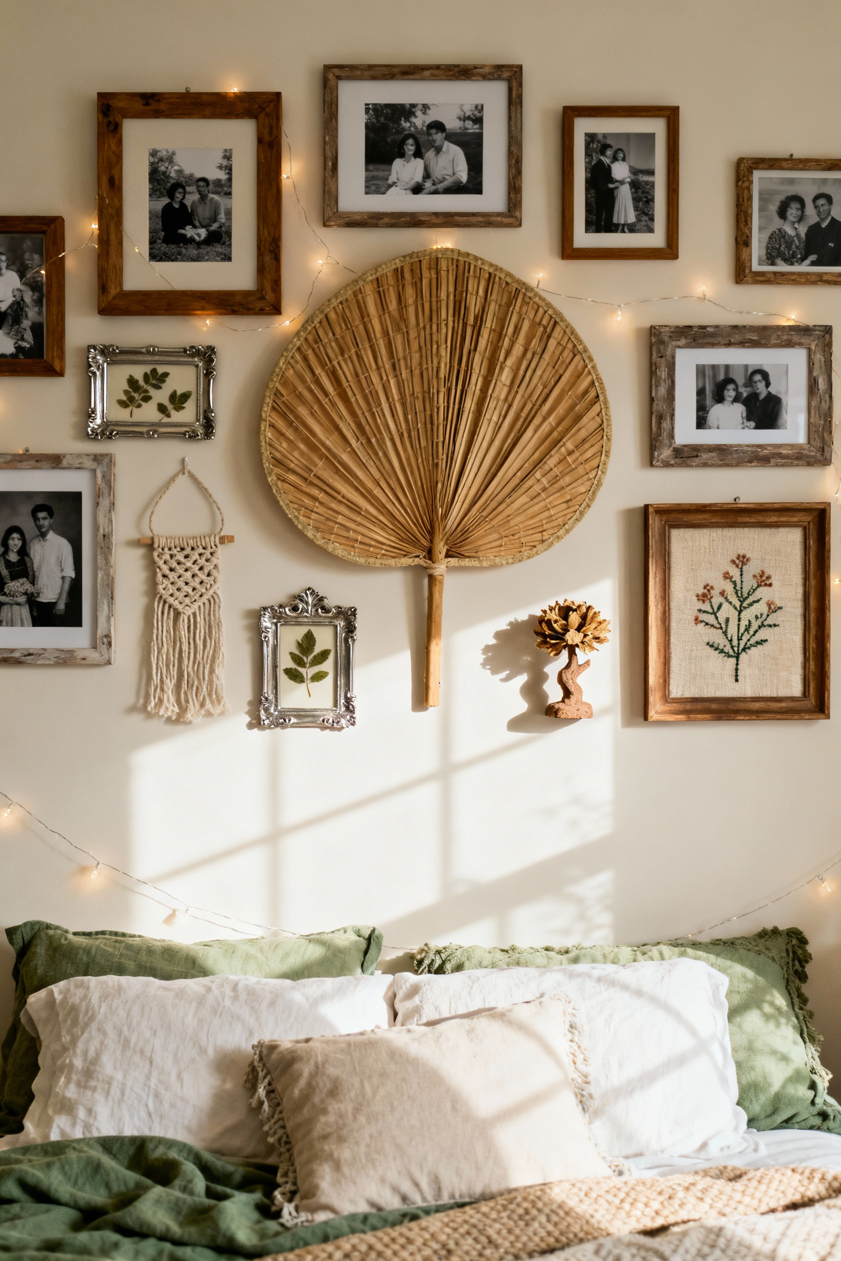 Boho gallery wall in a bedroom featuring a mix of vintage photographs, framed botanical art, small macrame hangings, and personal keepsakes, arranged harmoniously with natural textures and soft lighting.