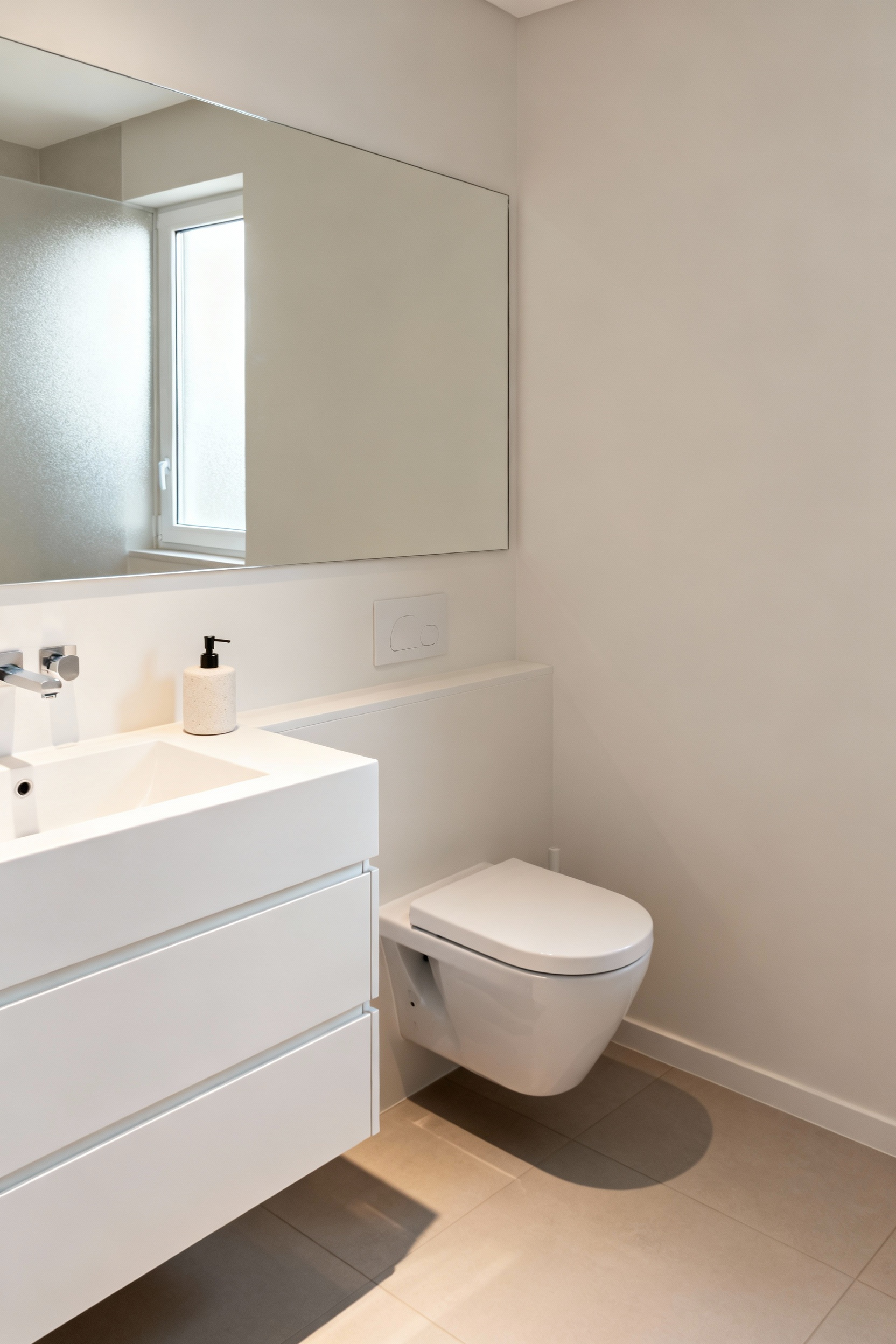Pristine small bathroom with floating vanity, wall-mounted toilet, integrated storage, and large mirror reflecting natural light, showcasing intentional decluttering for an unobstructed visual flow and sense of spaciousness.