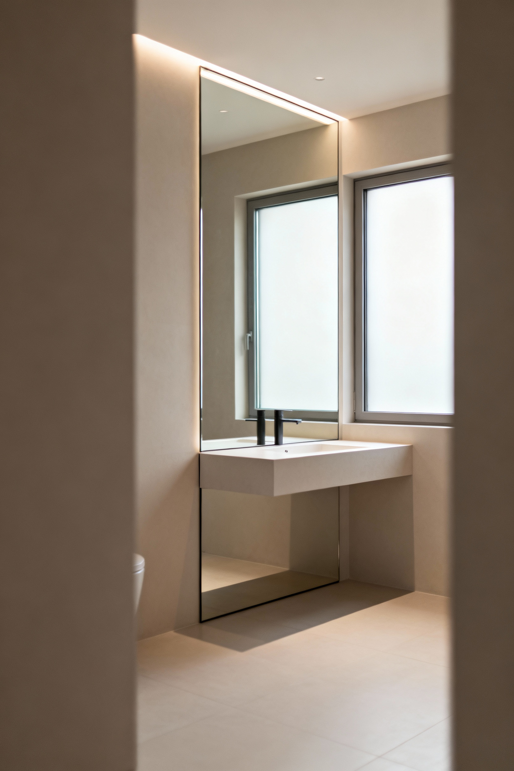 Small bathroom featuring a large, strategically placed frameless mirror opposite a window, reflecting light and making the space appear significantly deeper and more spacious.