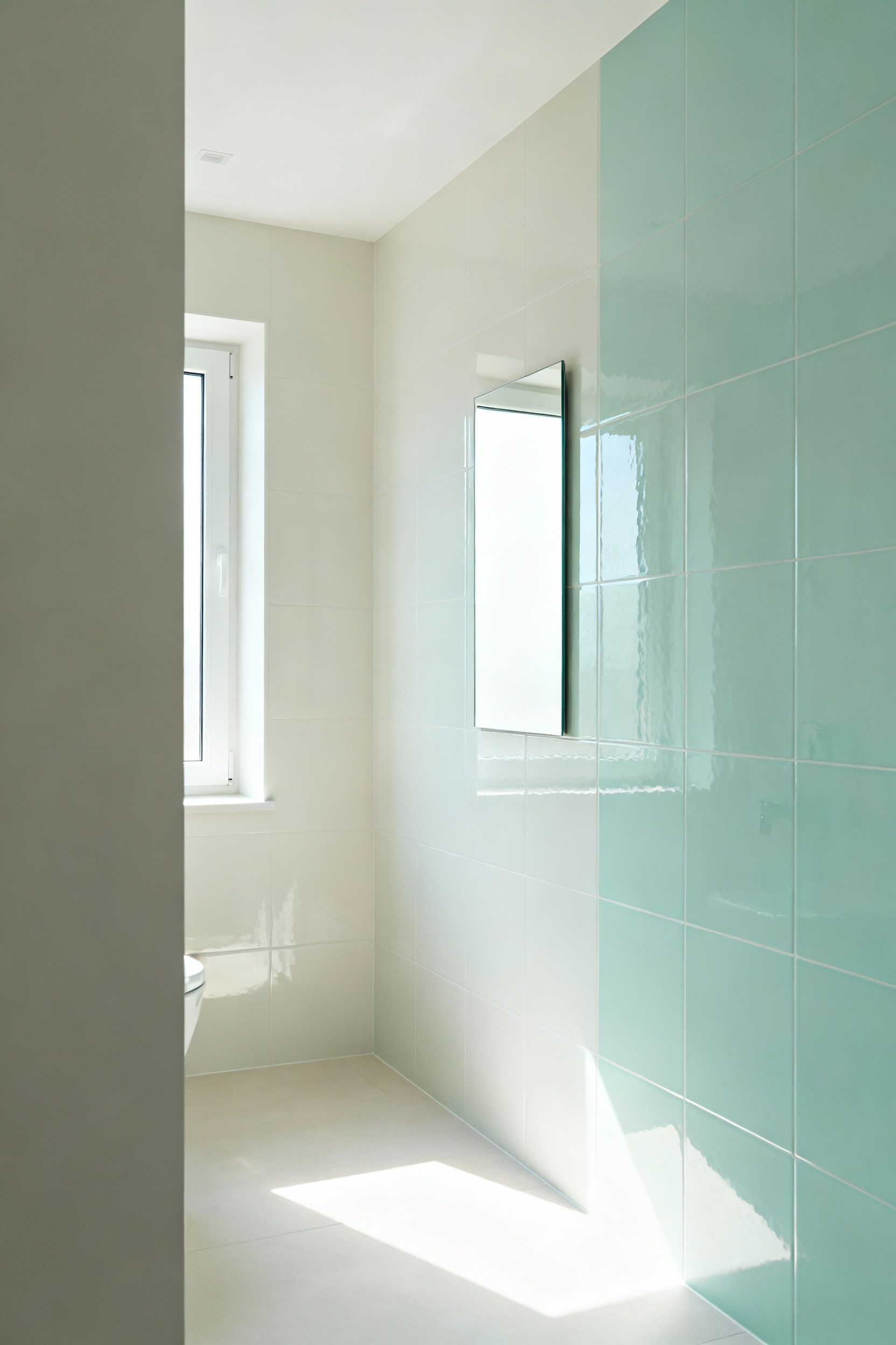 Small bathroom with light-reflecting off-white and muted aqua walls, large frameless mirror, and polished tiles, showcasing an expansive and serene color palette.