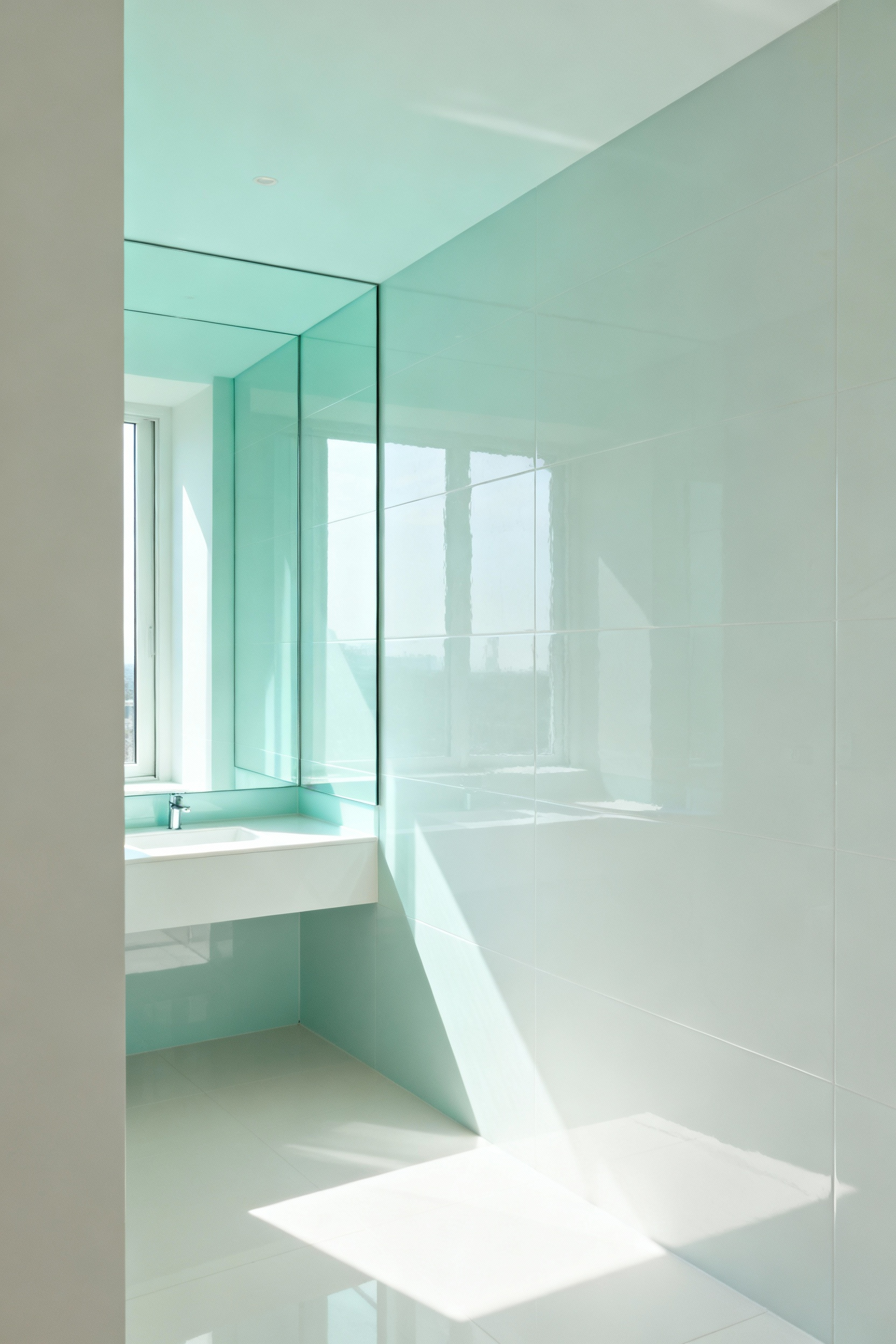 Small bathroom with light-reflecting off-white and muted aqua walls, large frameless mirror, and polished tiles, showcasing an expansive and serene color palette.