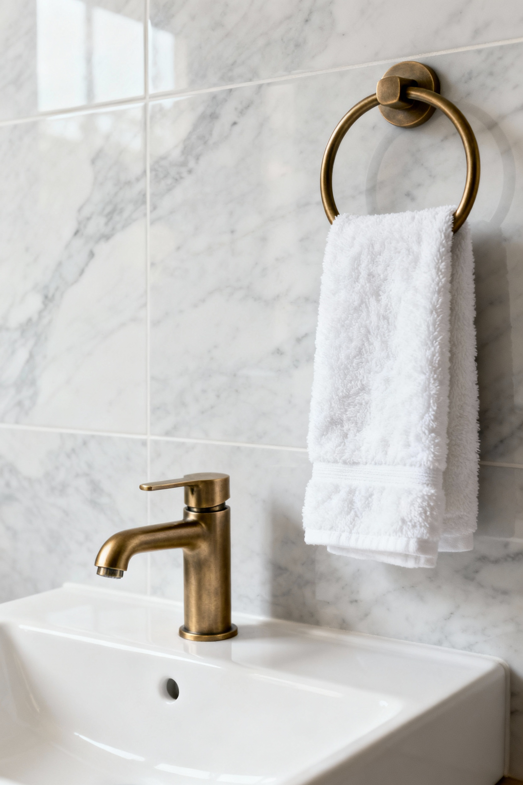 Close-up of a modern small bathroom with a sleek brushed brass faucet and elegant matching towel ring against a backdrop of minimalist white tiles, emphasizing a sophisticated single fixture upgrade.