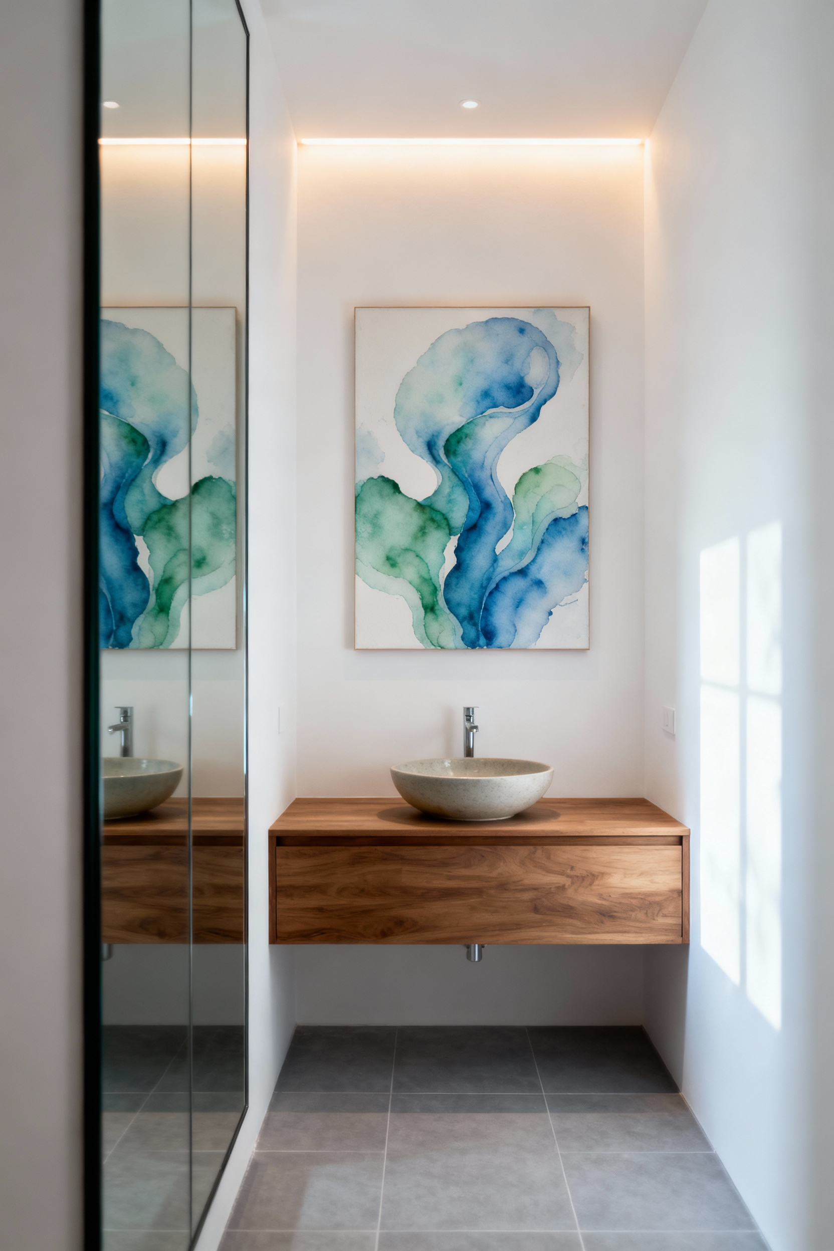 Elegant small bathroom interior featuring a large abstract watercolor painting in blues and greens above a floating vanity, serving as a tranquil focal point, illuminated by a subtle accent light, enhancing visual serenity.