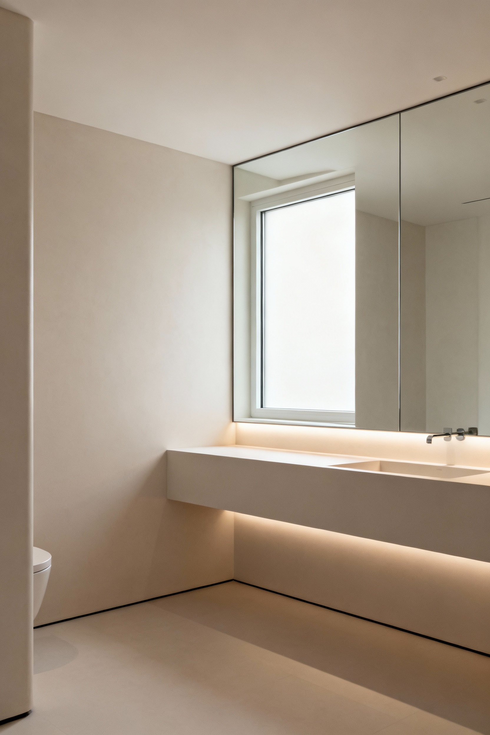 Small bathroom featuring a large, strategically placed frameless mirror opposite a window, reflecting light and making the space appear significantly deeper and more spacious.