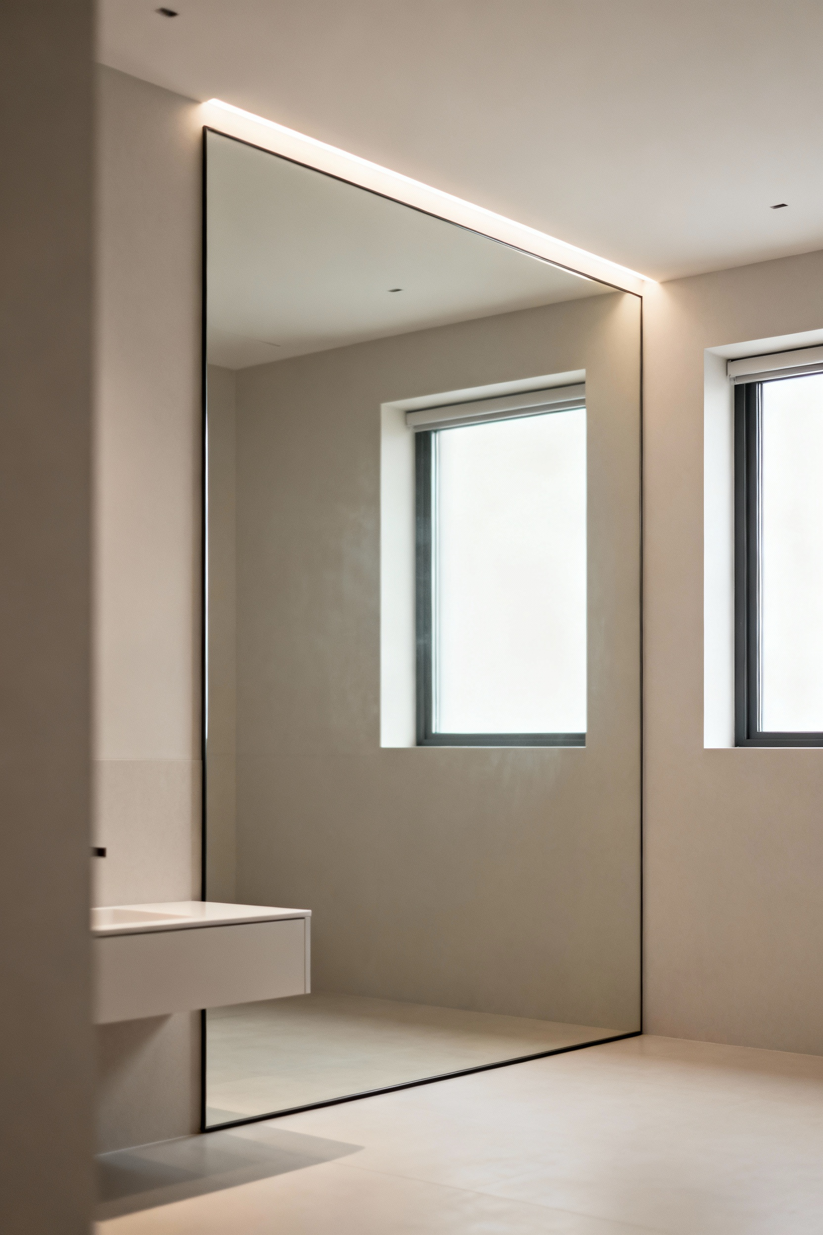 Small bathroom featuring a large, strategically placed frameless mirror opposite a window, reflecting light and making the space appear significantly deeper and more spacious.