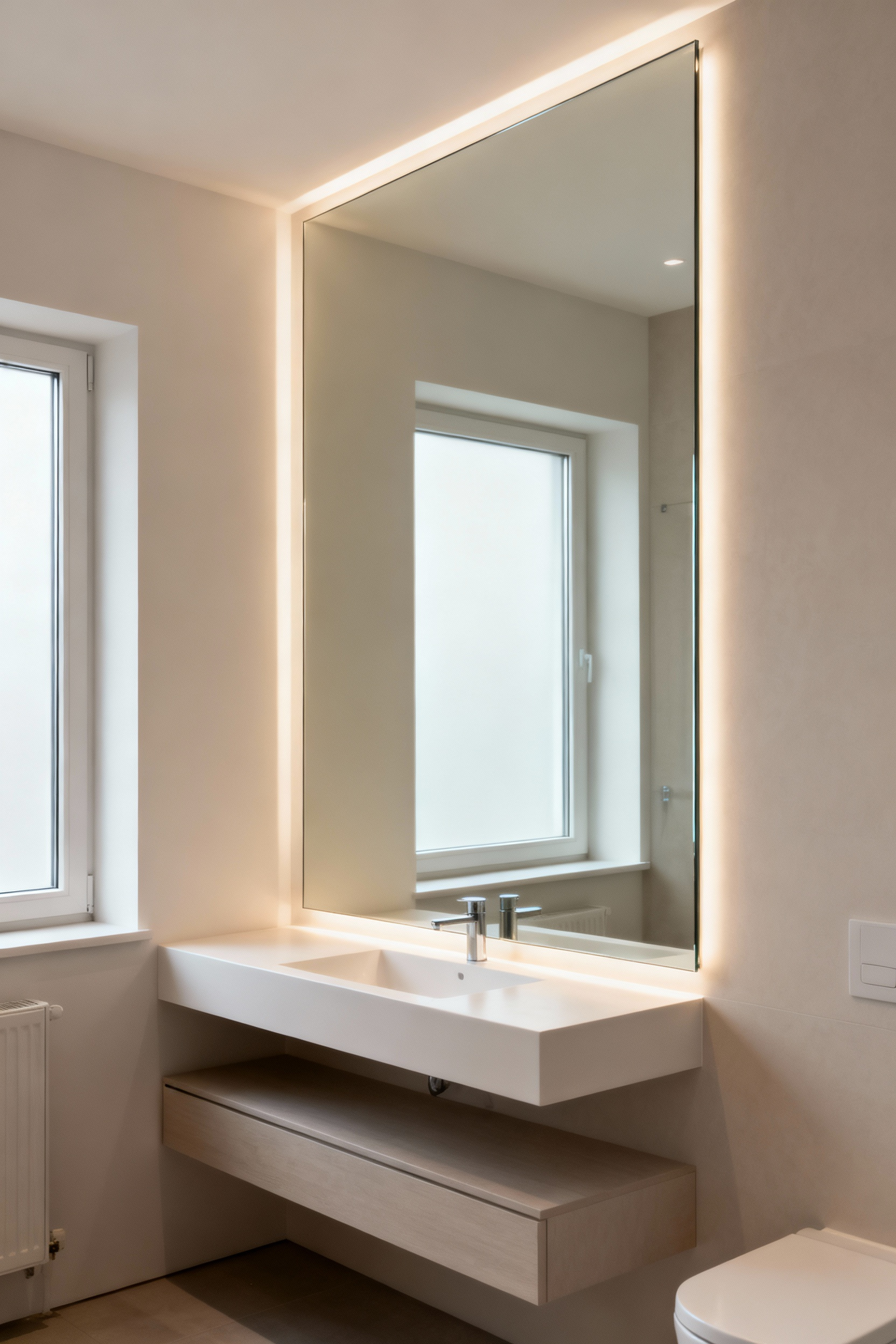 Small bathroom featuring a large, strategically placed frameless mirror opposite a window, reflecting light and making the space appear significantly deeper and more spacious.