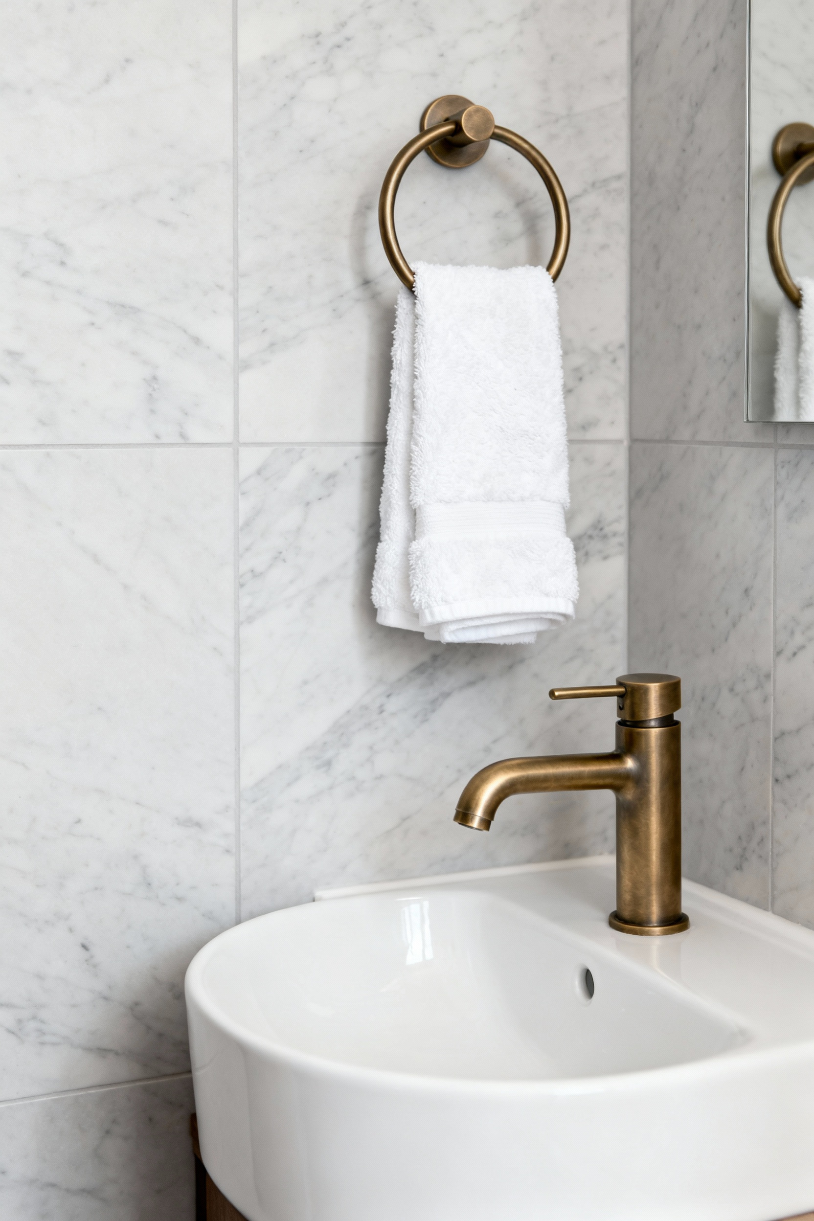 Close-up of a modern small bathroom with a sleek brushed brass faucet and elegant matching towel ring against a backdrop of minimalist white tiles, emphasizing a sophisticated single fixture upgrade.