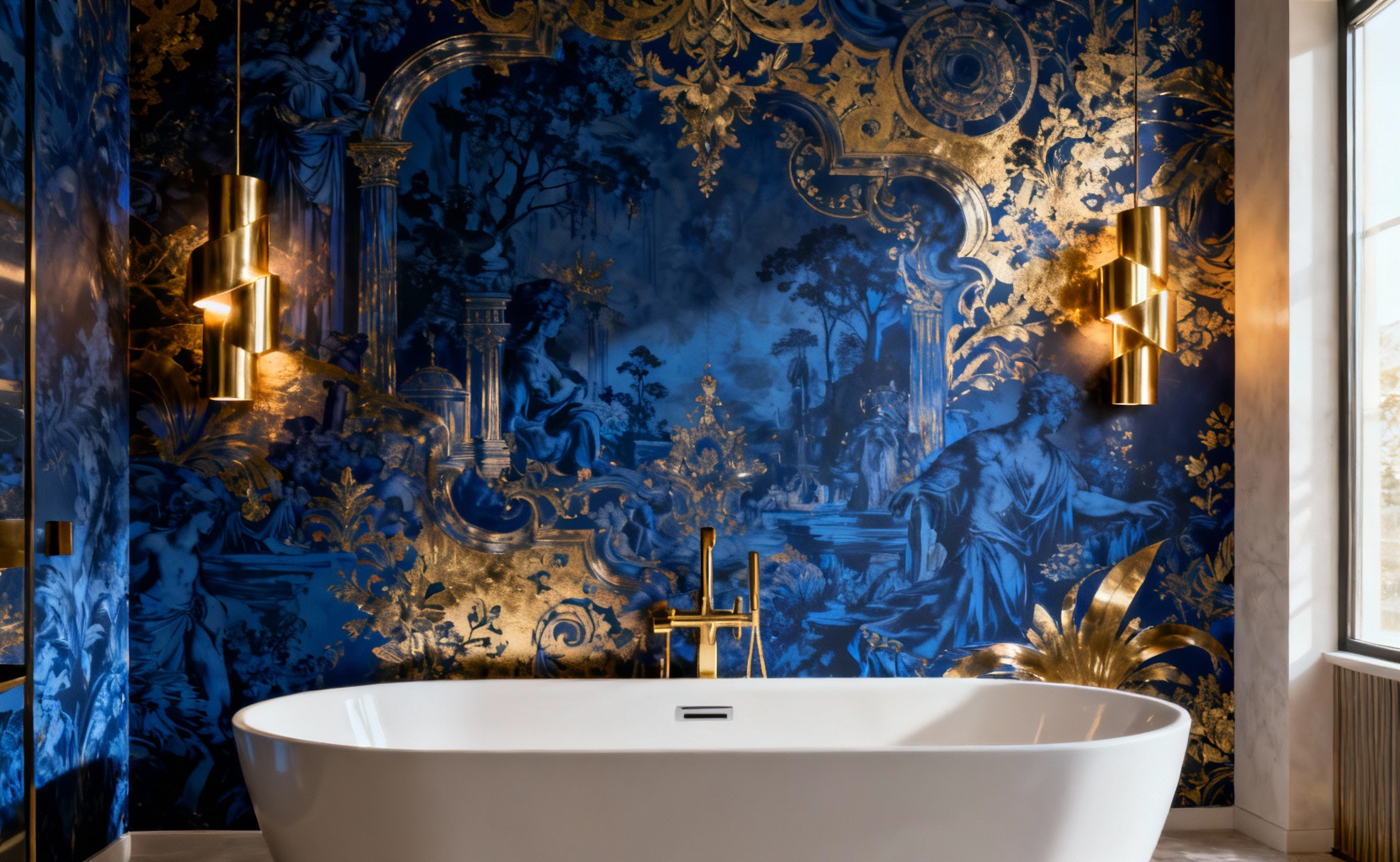 Opulent bathroom with an avant-garde, large-scale narrative wallpaper accent wall in deep blue and gold, featuring sculptural brass lighting and a modern freestanding bathtub.