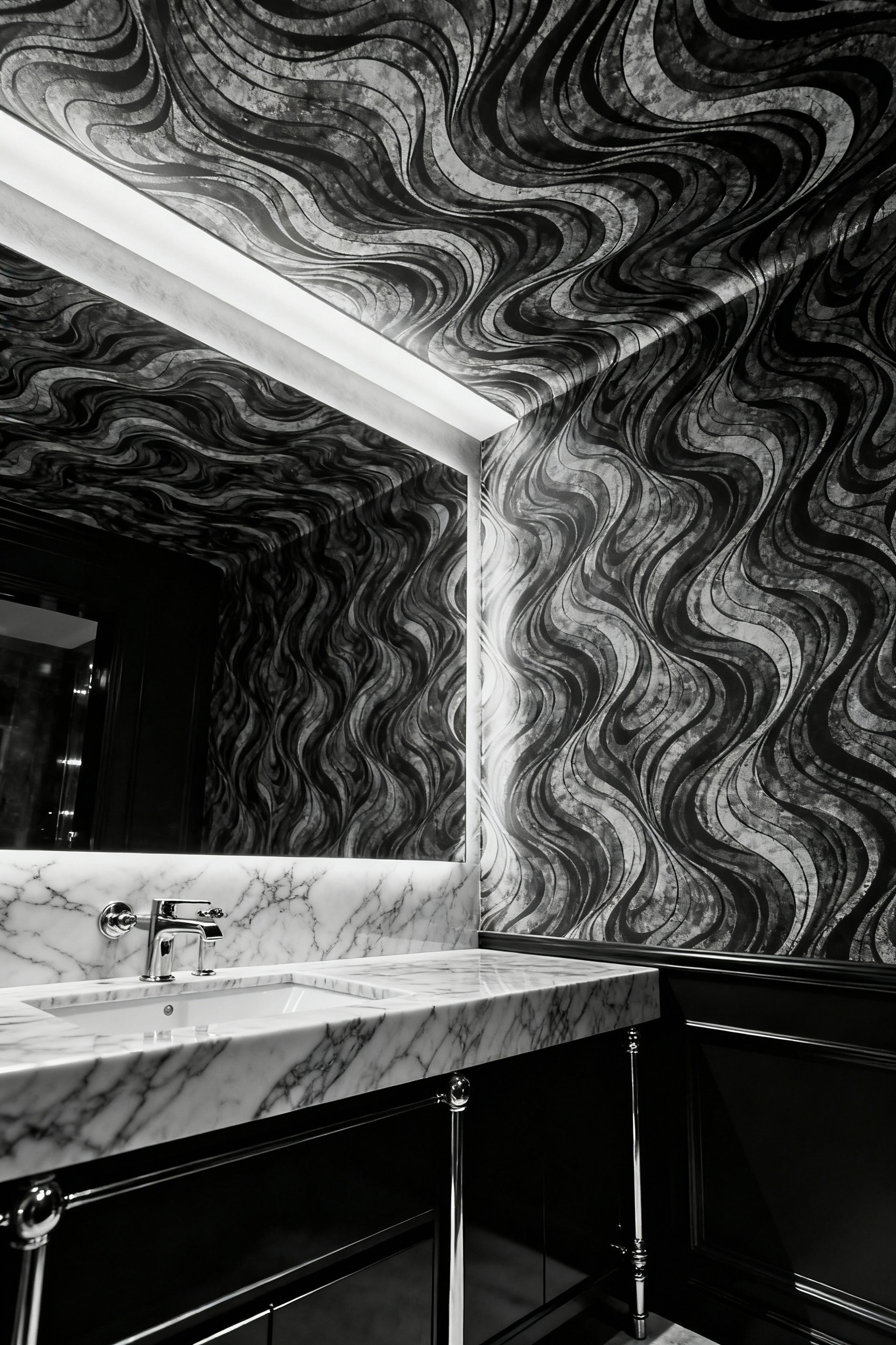 A luxurious maximalist bathroom showcasing a dramatic black-and-white wave pattern wallpaper seamlessly extending from an accent wall onto the entire ceiling, reflecting in polished brass fixtures under soft cove lighting, emphasizing the fifth wall design.