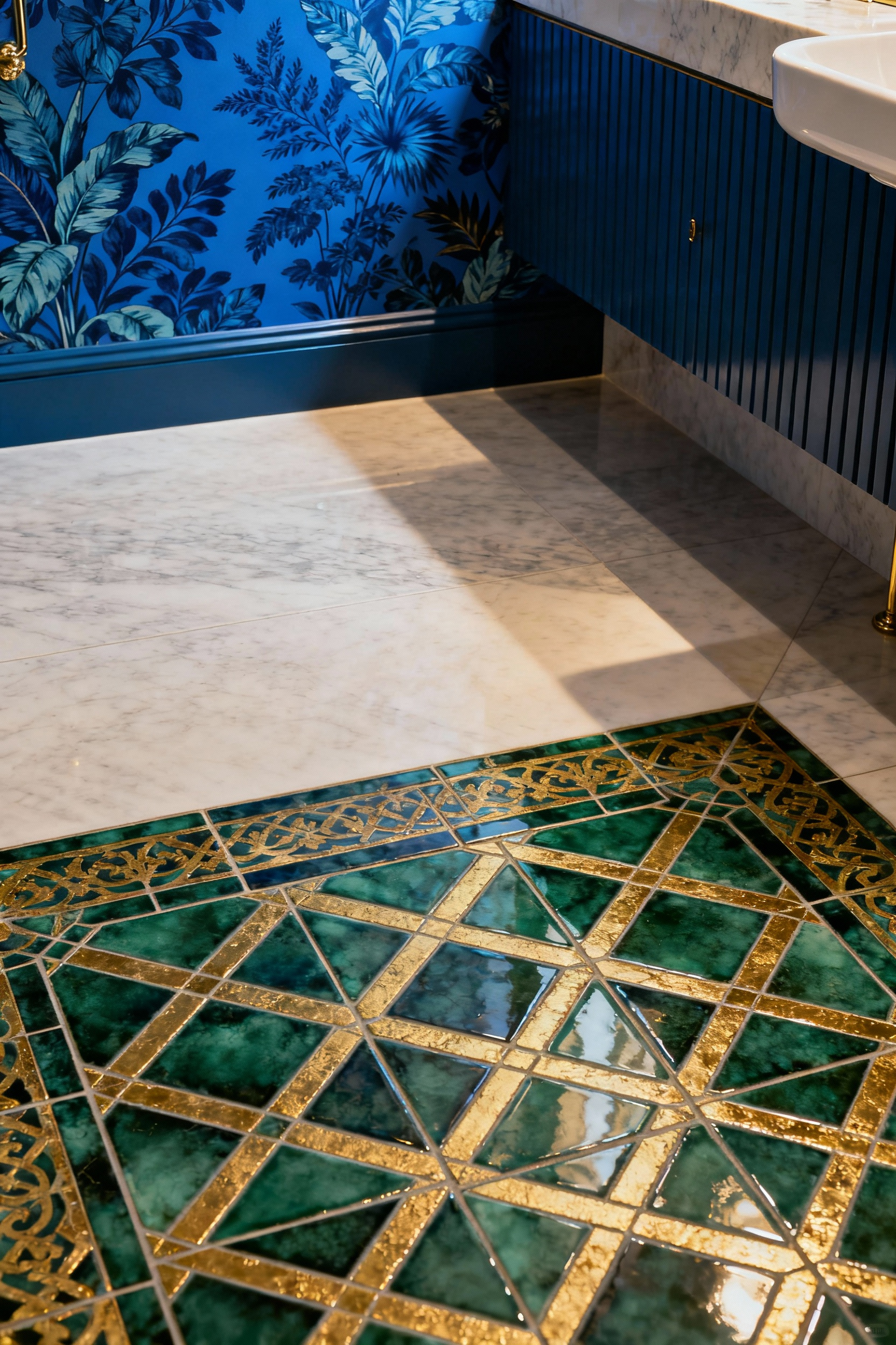 Luxurious maximalist bathroom with intricate geometric tiled floor in emerald and gold and a bold blue patterned wallpaper accent wall, professional architectural photography emphasizing floor-to-wall dialogue.