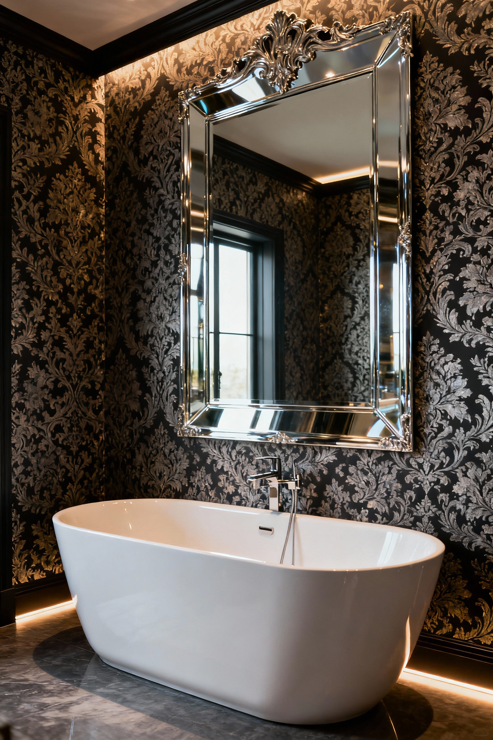 A maximalist bathroom features a vibrant botanical wallpaper accent wall with a large antique mercury glass mirror reflecting the intricate pattern, enhancing visual depth and luxury.