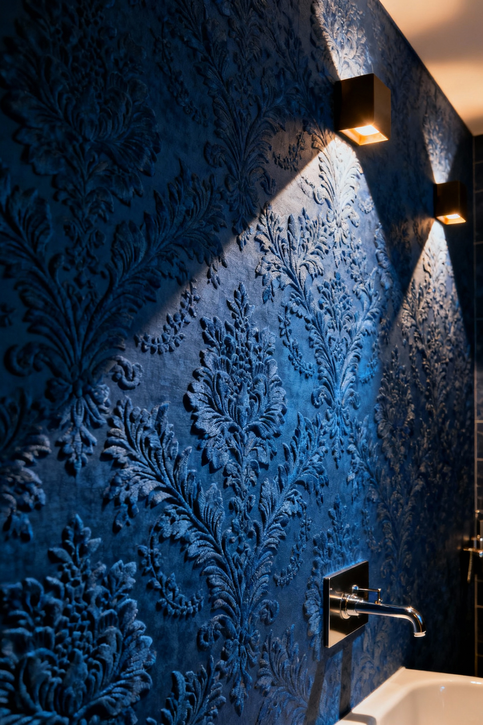 A dramatically lit blue maximalist bathroom accent wall showing strategic lighting creating deep shadows and highlights on textured floral wallpaper, emphasizing its tactile qualities.