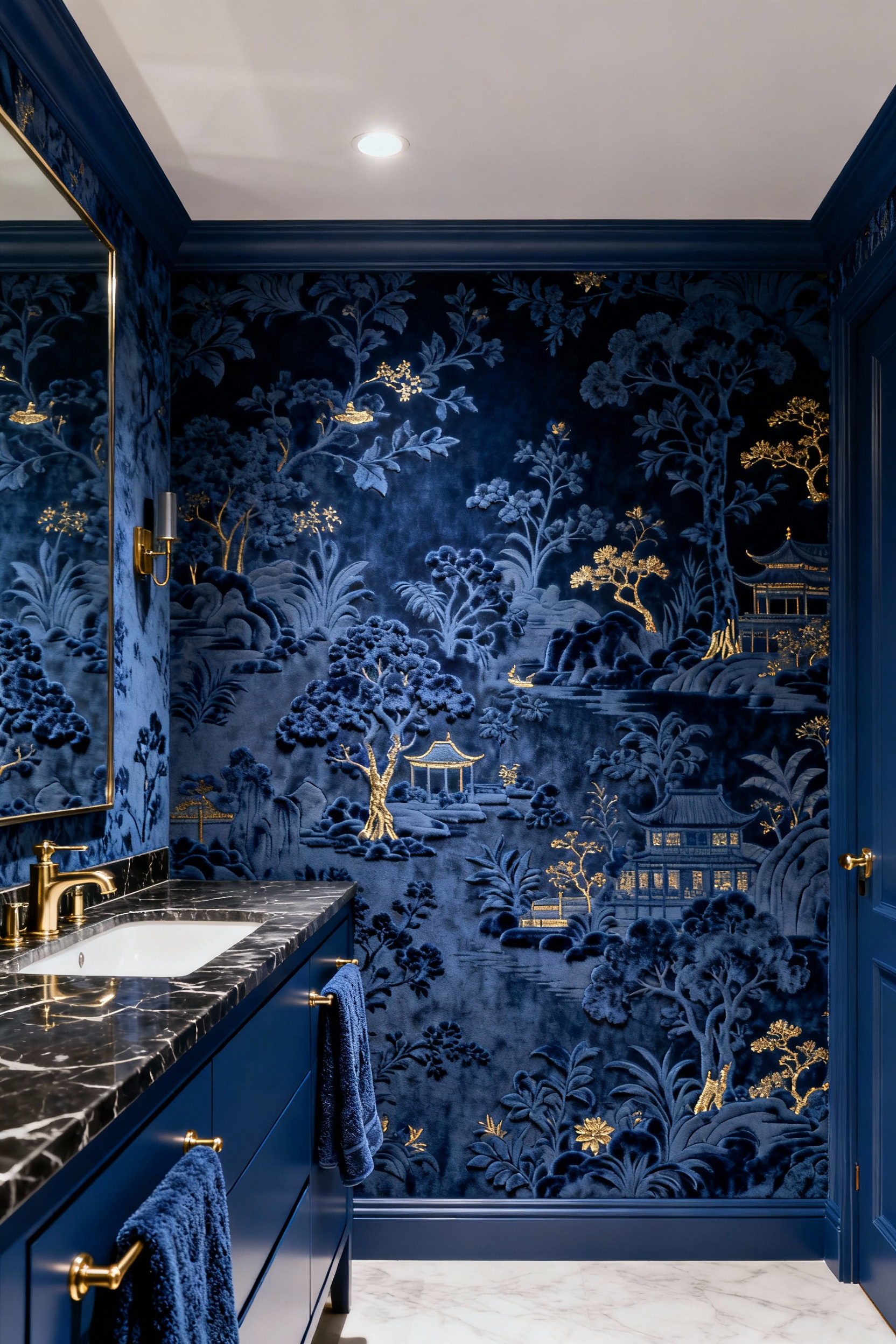 Maximalist bathroom accent wall featuring deep indigo chinoiserie wallpaper with velvet flocking and metallic accents, creating a unifying color palette.