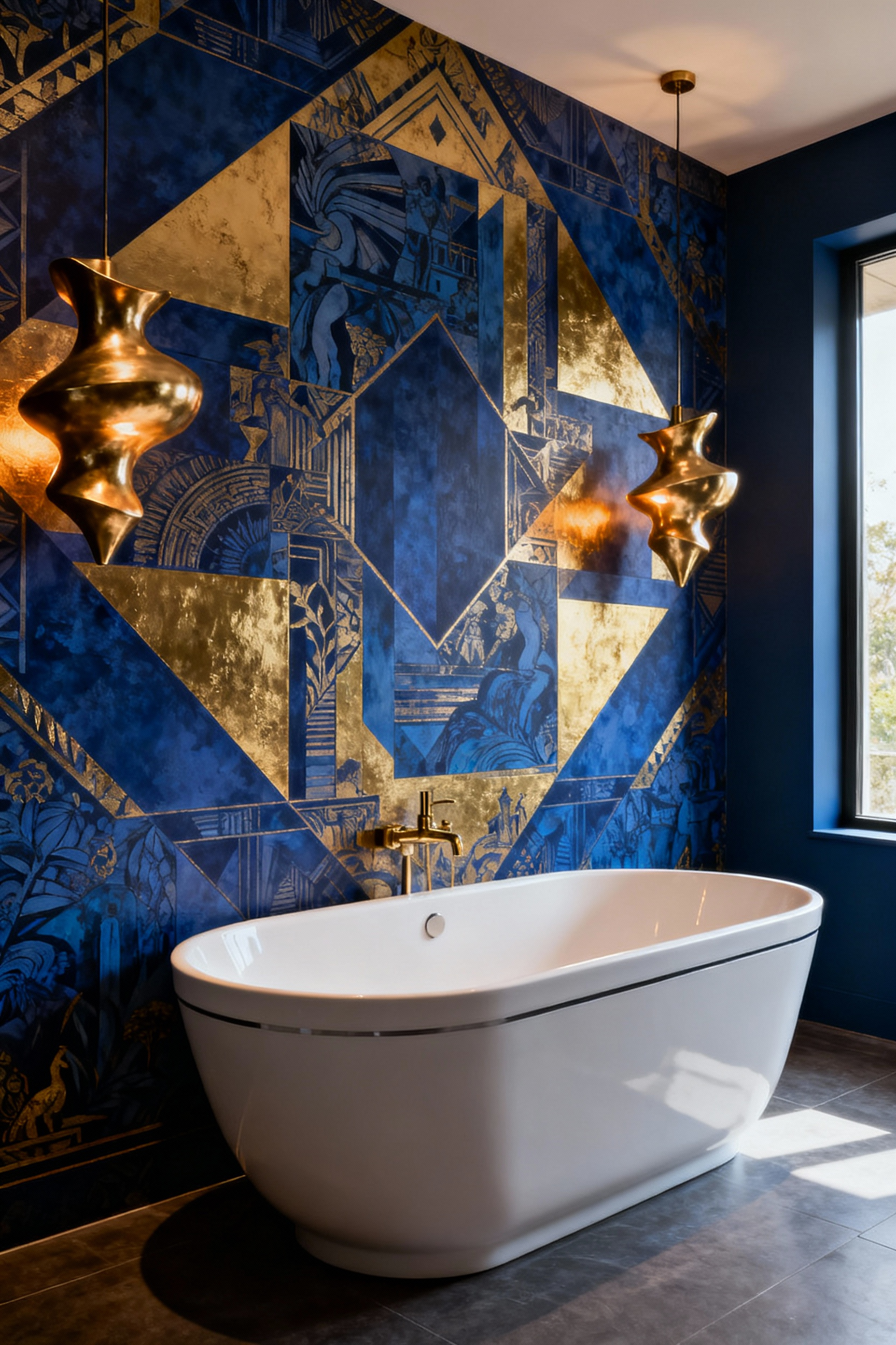 Opulent bathroom with an avant-garde, large-scale narrative wallpaper accent wall in deep blue and gold, featuring sculptural brass lighting and a modern freestanding bathtub.