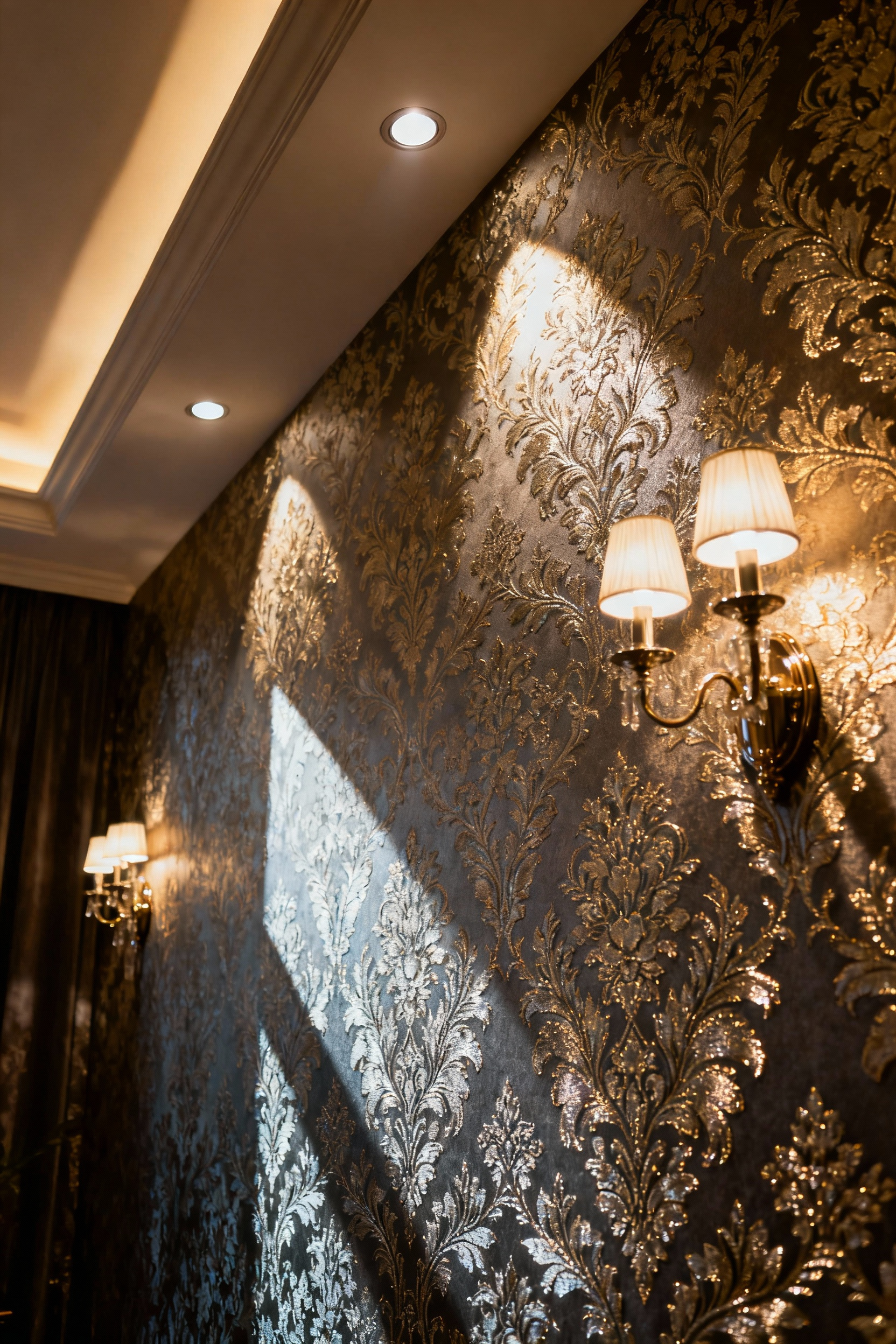 Luxurious maximalist bathroom accent wall with daring patterned wallpaper, dramatically enhanced by strategic lighting that creates depth and shimmer.