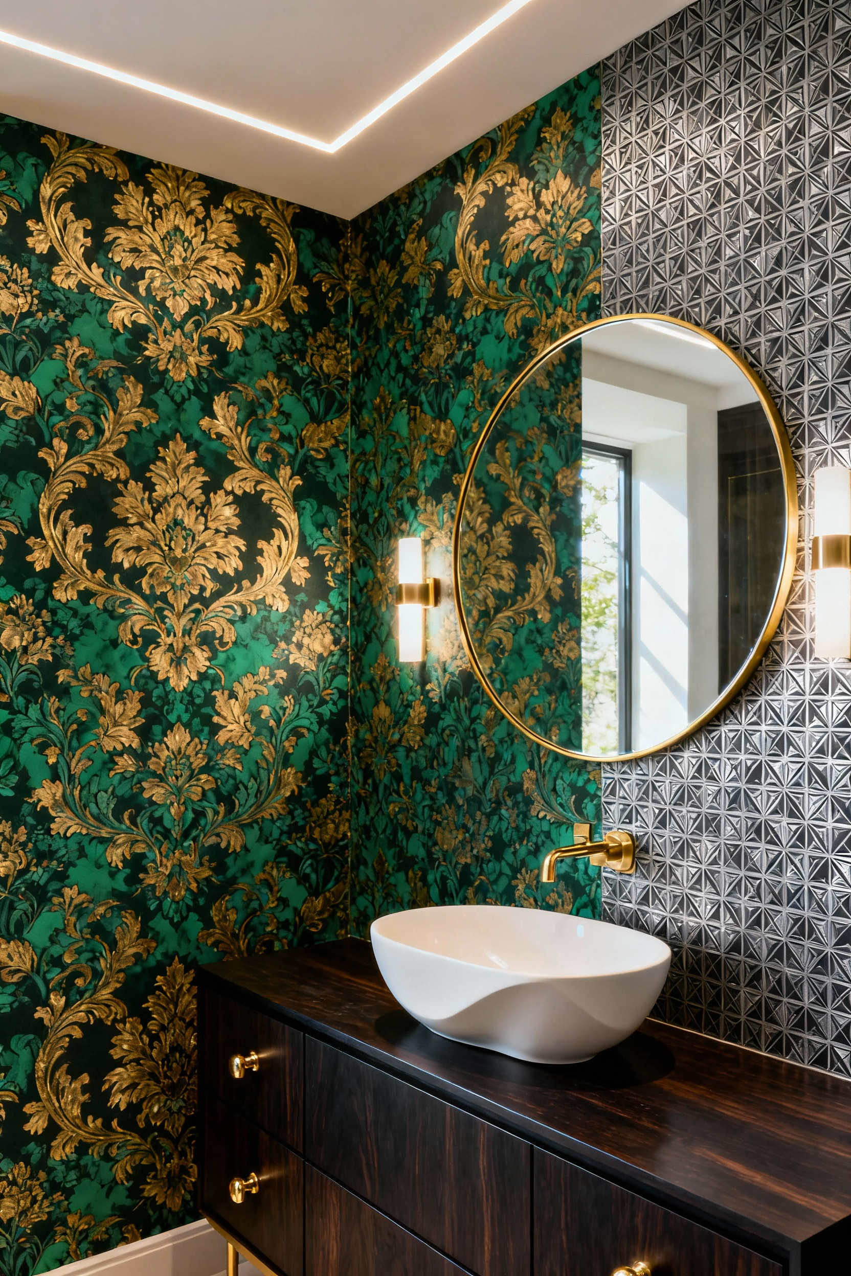 Maximalist bathroom accent wall with Rococo floral and Art Deco geometric wallpaper, brass fixtures, sculptural sink, and round mirror.