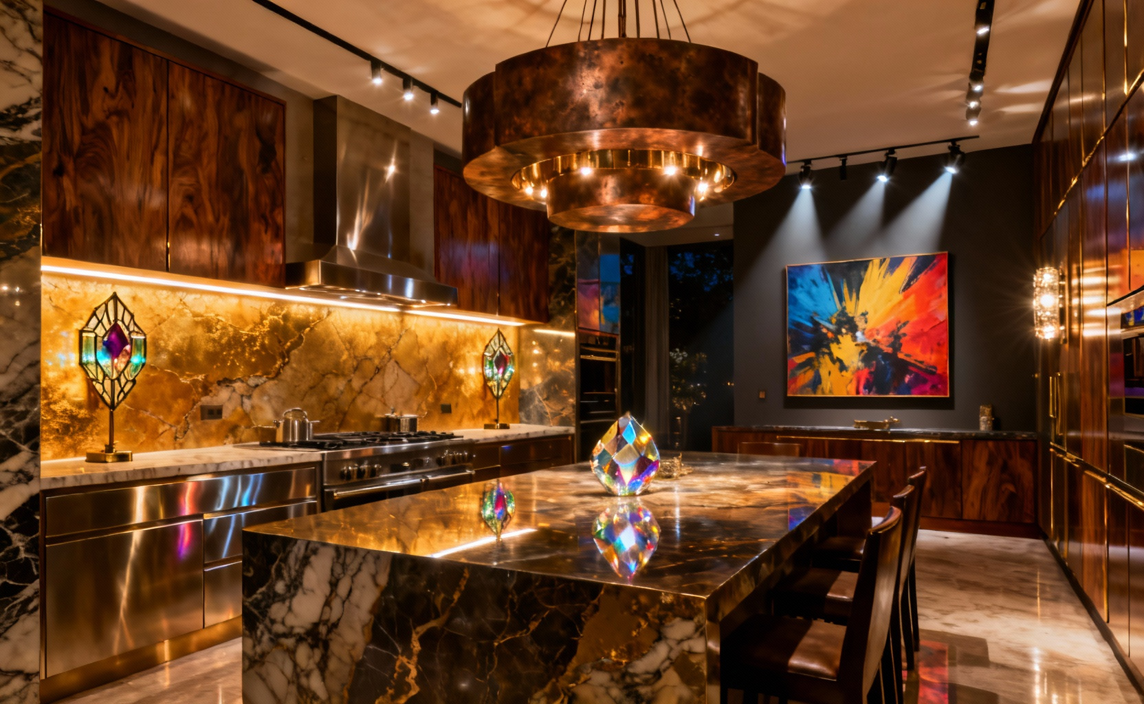 Luxurious maximalist kitchen featuring diverse layered lighting: grand chandelier, art deco sconces, under-shelf LED strips, and spotlights highlighting texture and art for ultimate depth and dimensionality.