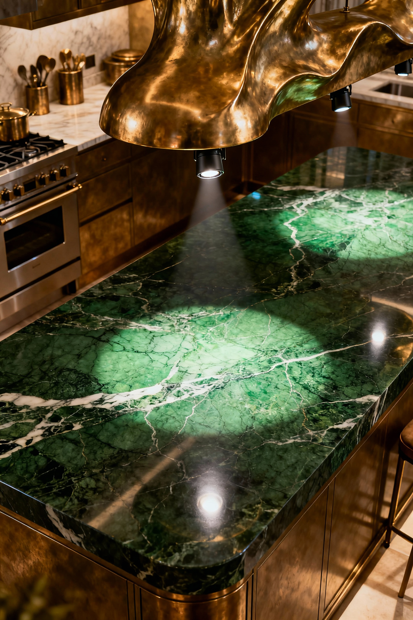 Luxurious maximalist kitchen featuring integrated precise task illumination on a Verde Alpi marble island, with hidden LED strips highlighting a prep zone for culinary precision under a brass canopy.