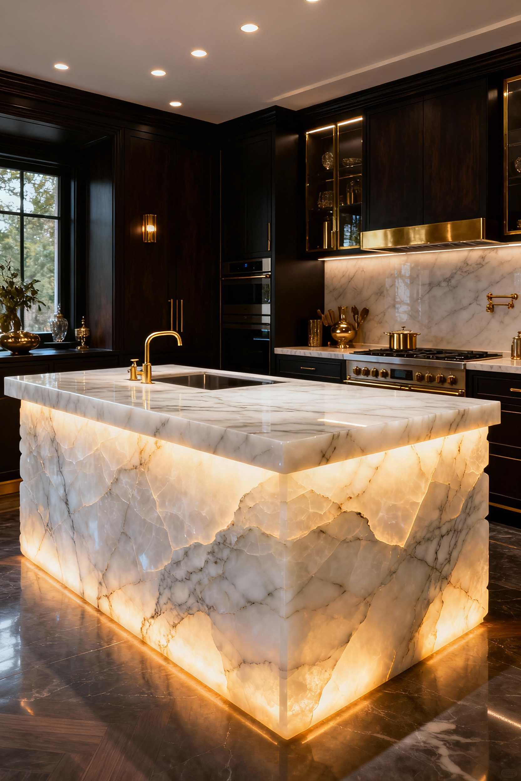 Luxurious maximalist kitchen island with backlit translucent white onyx, glowing ethereally to highlight its intricate veining.