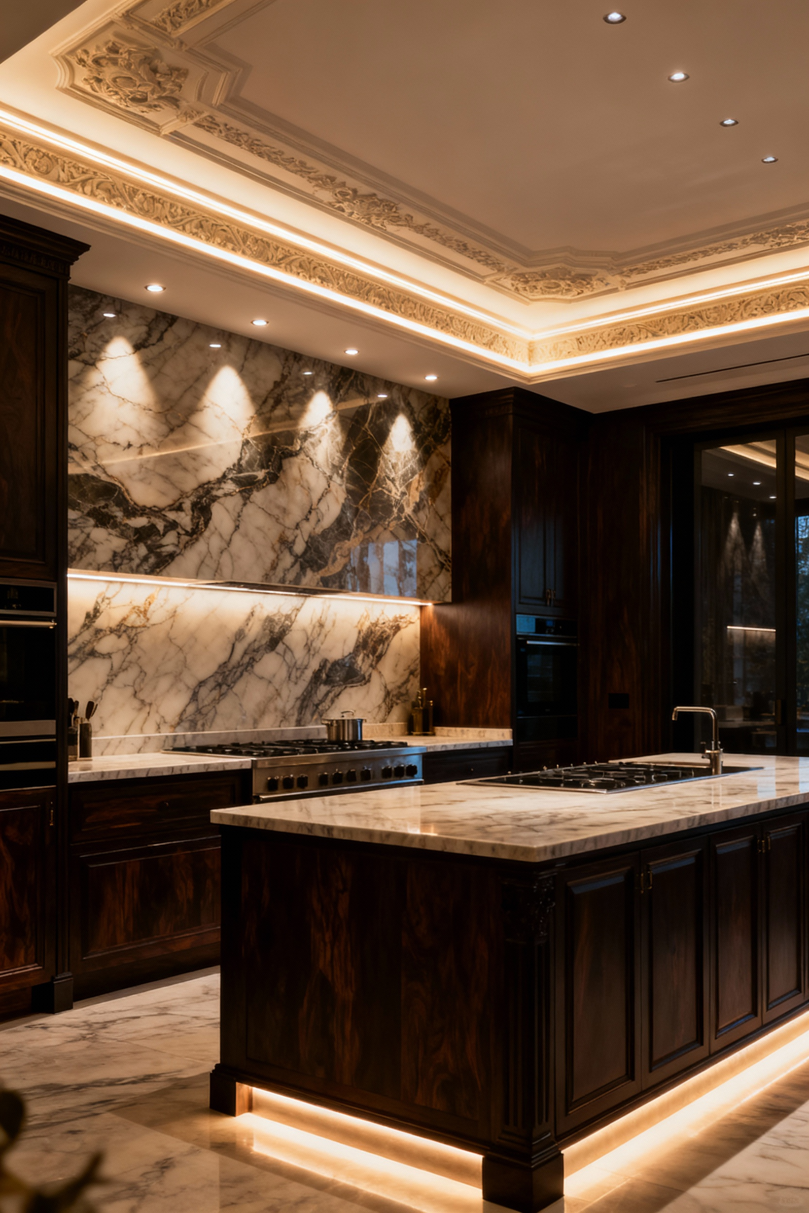 Luxurious maximalist kitchen showcasing architectural empathy with focused accent lighting on a veined marble backsplash, custom dark wood cabinetry, and intricate ceiling details, creating an elegant and dramatic ambiance.