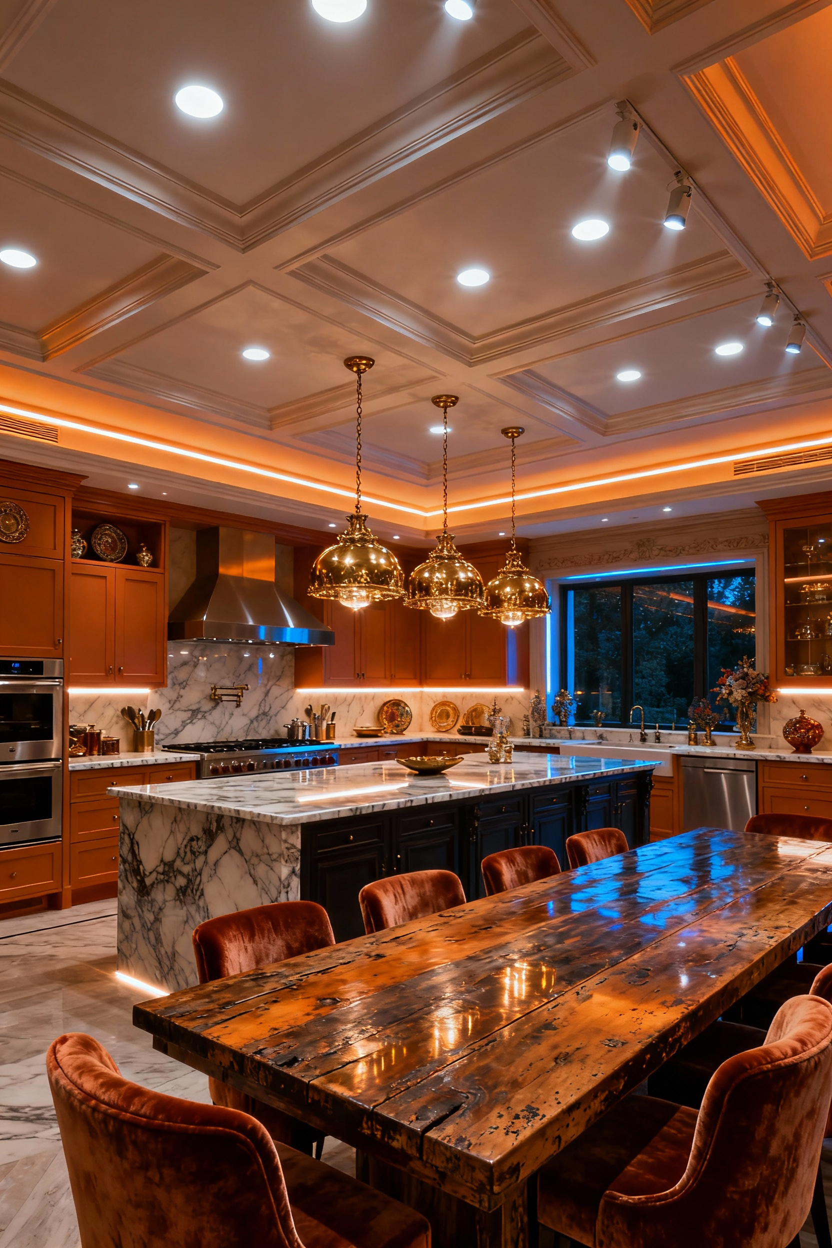 Opulent maximalist kitchen with integrated smart lighting, showcasing a dynamic luminous narrative, brass pendants, recessed lights, and under-cabinet LED strips.