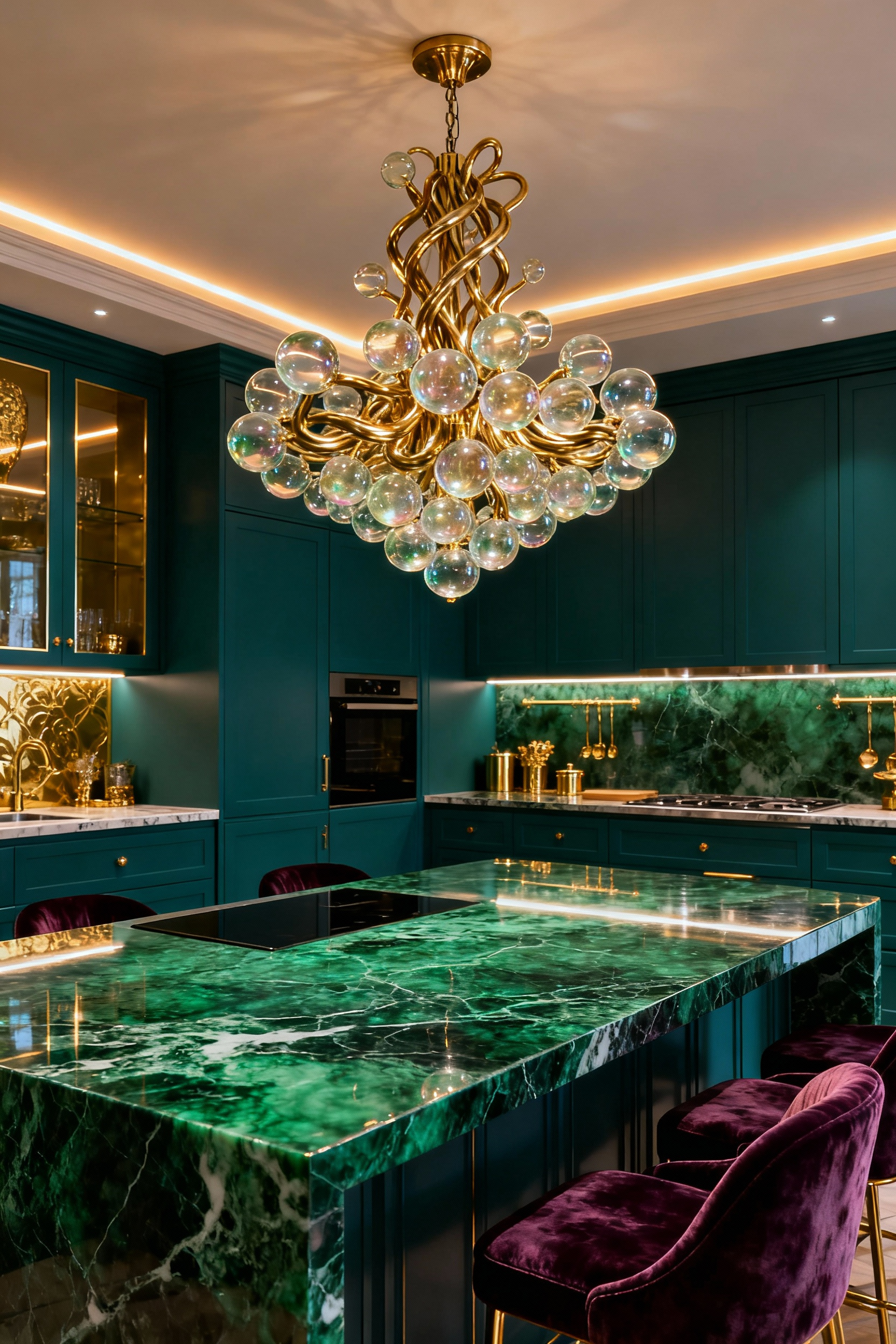 Luxury maximalist kitchen with a custom hand-blown Venetian glass and brass chandelier above an emerald marble island, showcasing bespoke kitchen lighting as an artistic focal point.