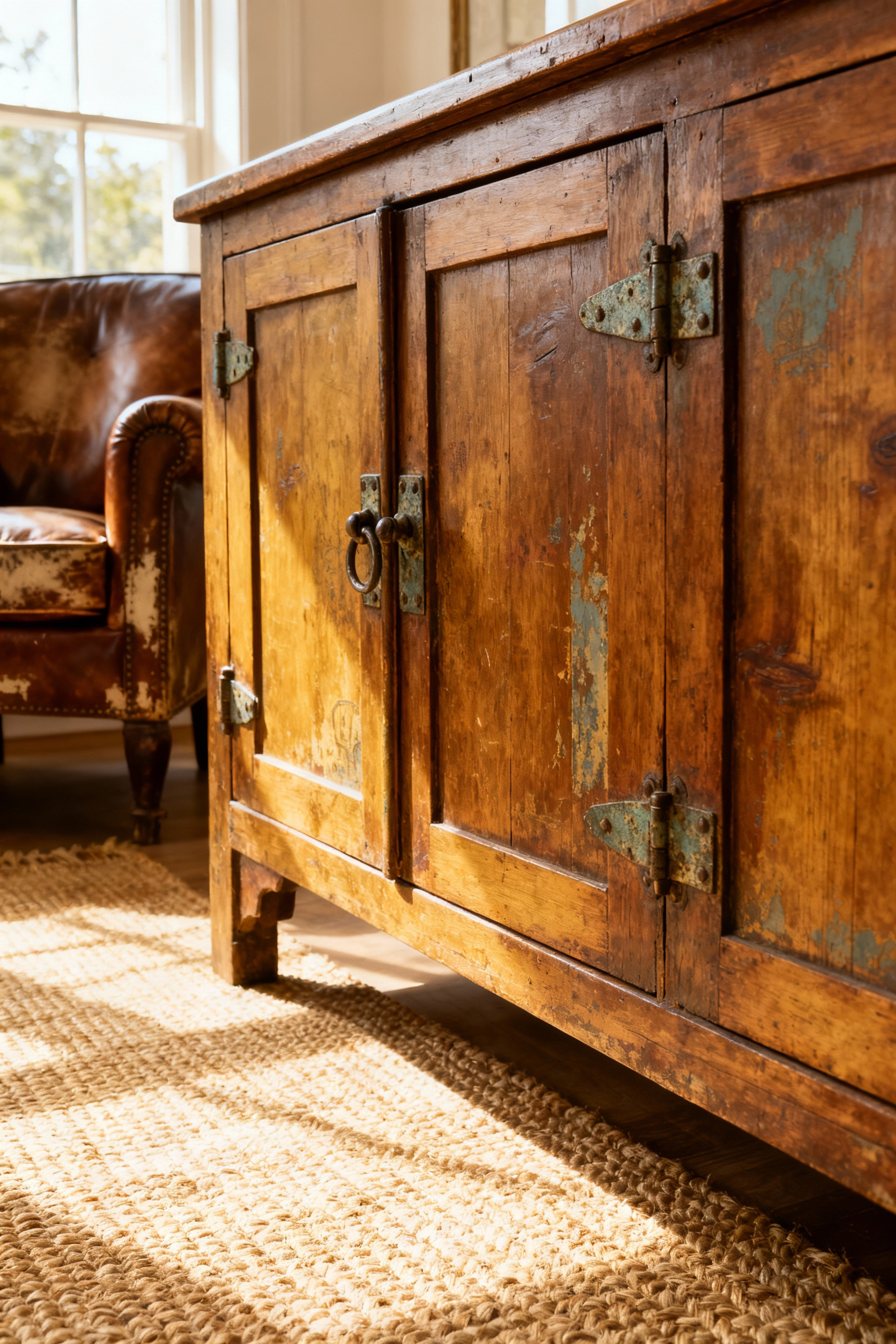 Rustic living room with a vintage wooden sideboard showcasing rich patina and worn surfaces, bathed in soft natural light, highlighting authentic aged textures.