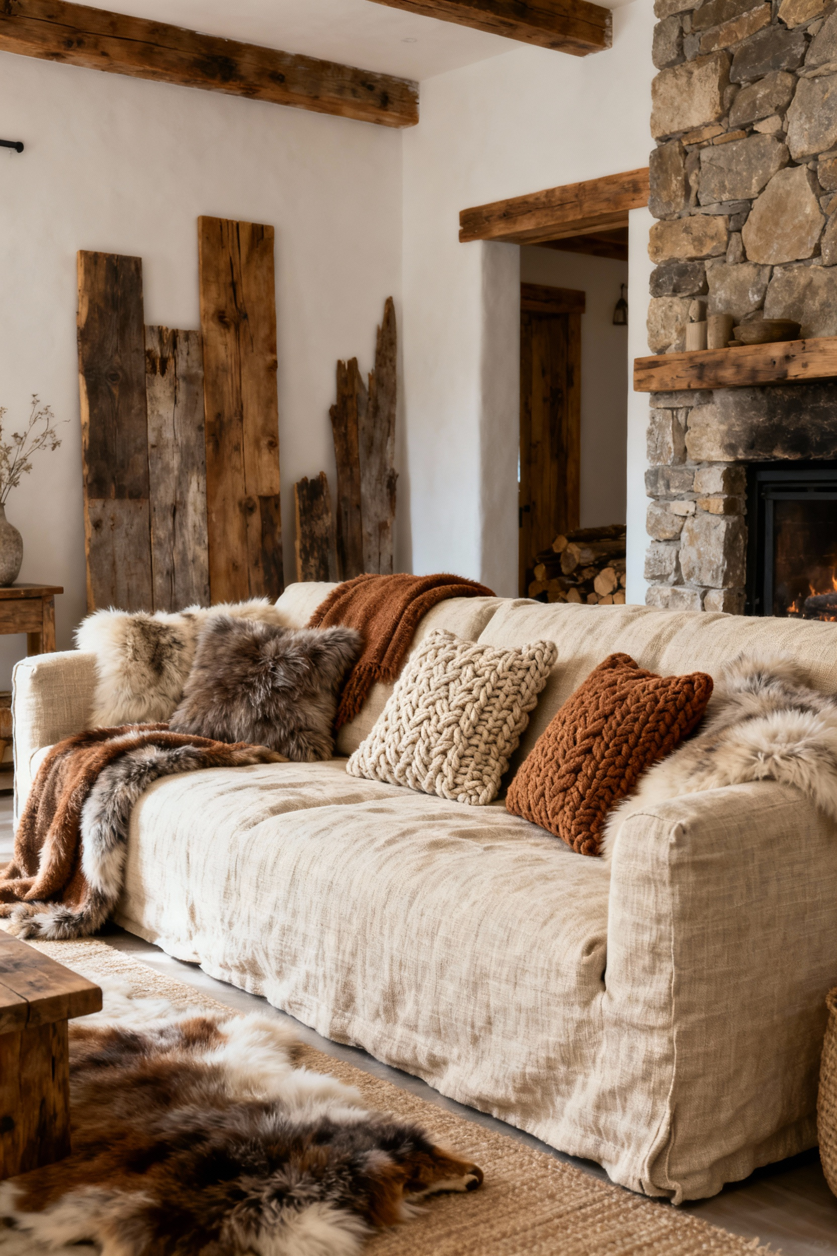 Rustic living room with a large, cozy, oversized linen sofa adorned with soft throws and cushions, embodying comfort and warmth.