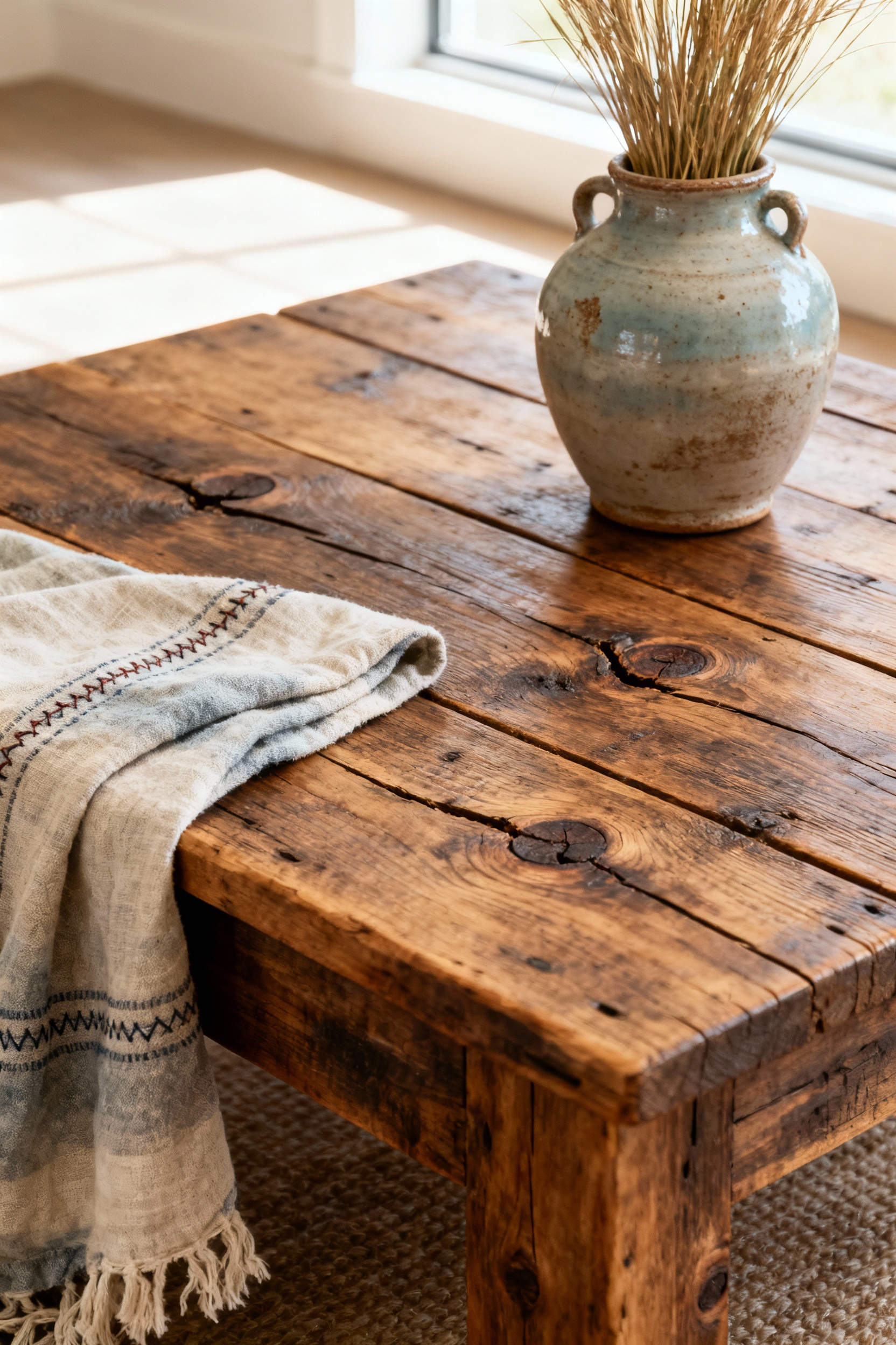 Portrait of a reclaimed barn wood coffee table with handcrafted ceramic vase and faded linen throw in an authentic rustic living room, celebrating design imperfection.