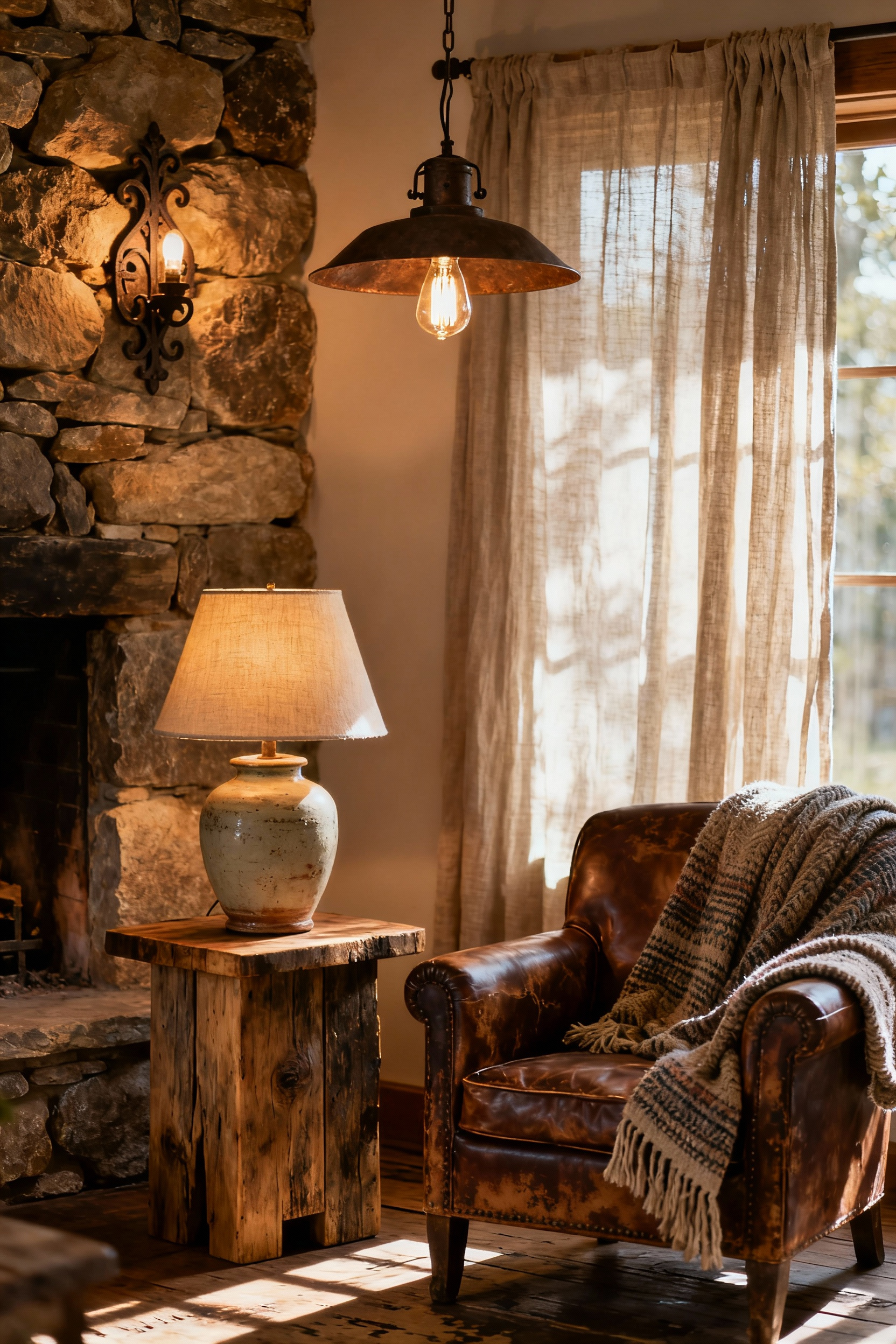 Rustic living room with multiple, warm layered light sources. A vintage ceramic lamp, a wrought iron sconce, and a pendant light highlight a stone fireplace and textured fabrics in a cozy setting.