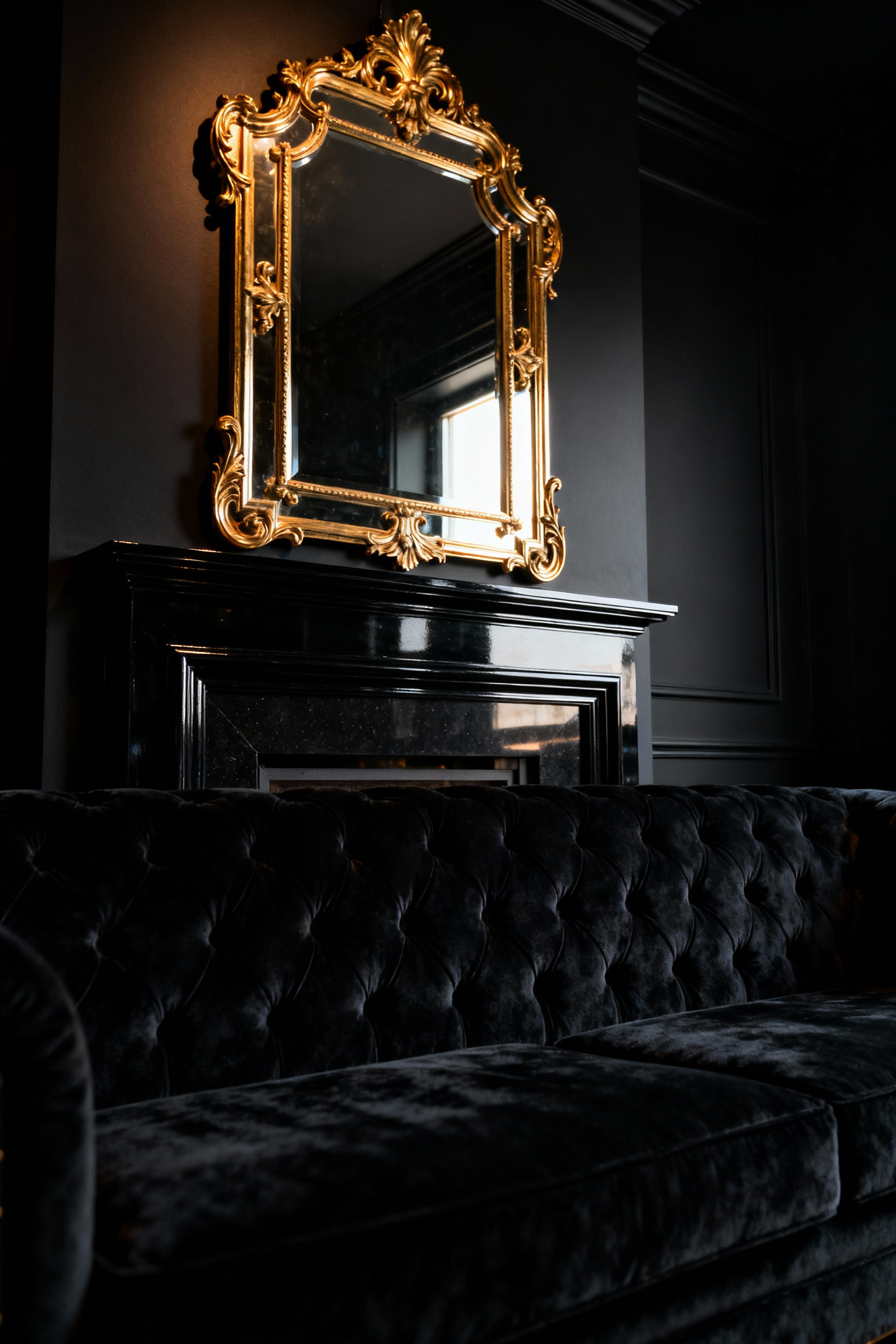 An ornate antique gilded mirror with a polished brass frame hanging above an ebony fireplace mantel in a modern gothic black living room. The rich gold accent strikingly contrasts with the matte black walls and deep black velvet sofa, adding a sophisticated interruption and luminous depth. Dramatic, elegant lighting.