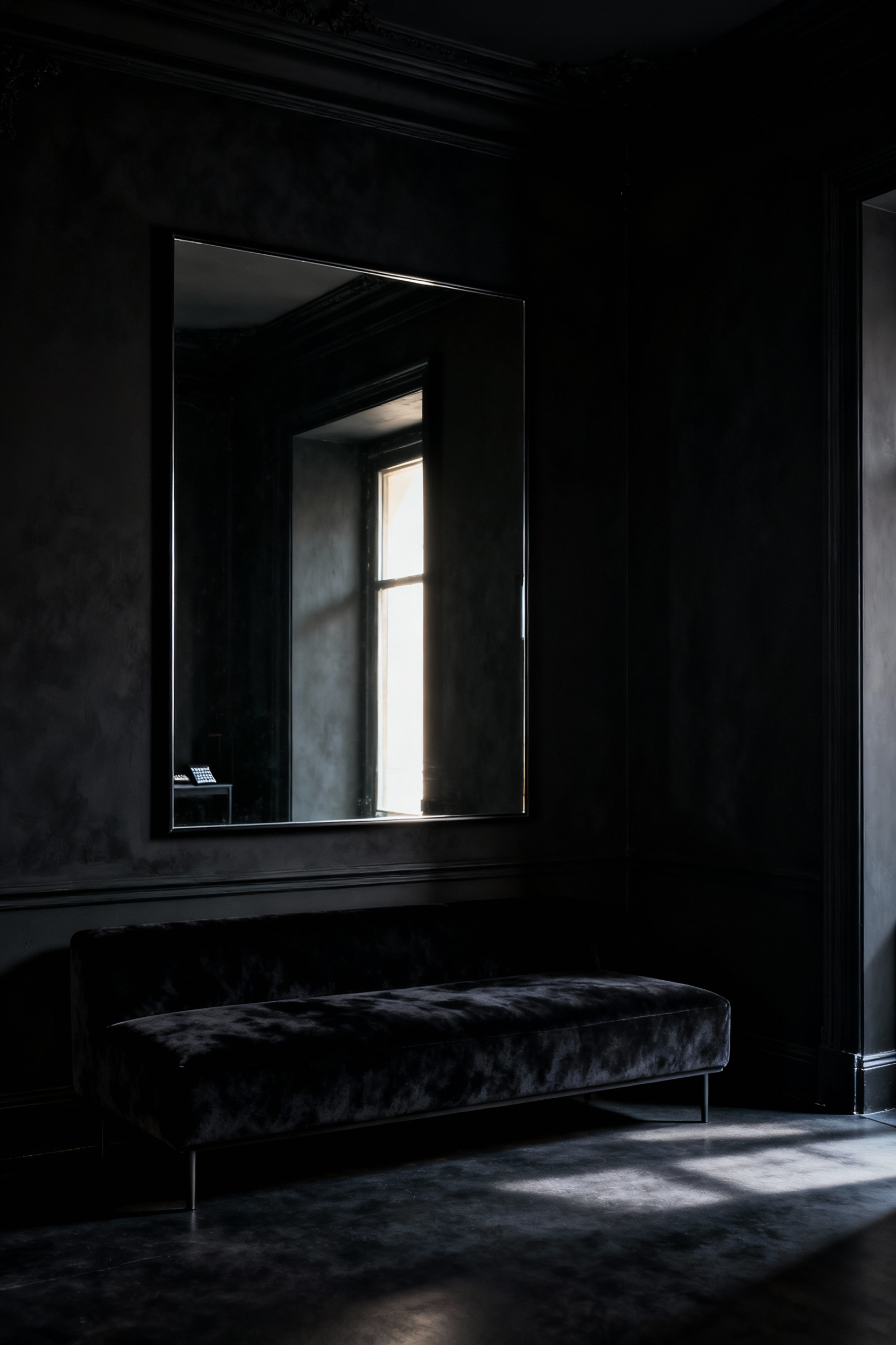 A luxurious black living room with a large, unframed mirror strategically placed on a matte black wall to reflect natural light, expanding the perceived space and brightening the dark interior with elegant mirrored accents.