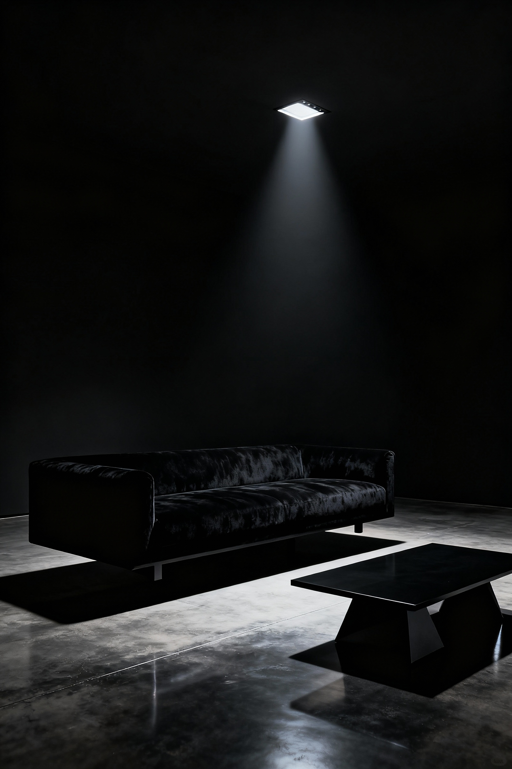Professional photo of a modern gothic living room with a low-slung black velvet sofa and sculptural black coffee table featuring elevated bases, creating a sense of 'floating elegance' and emphasizing clean black furniture silhouettes.