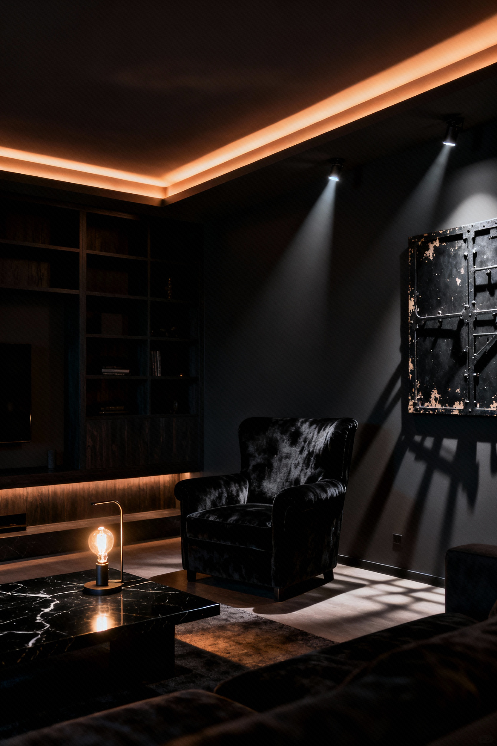 A sophisticated black living room interior with dramatic, multi-layered atmospheric lighting, showcasing warm glows and accented textures.
