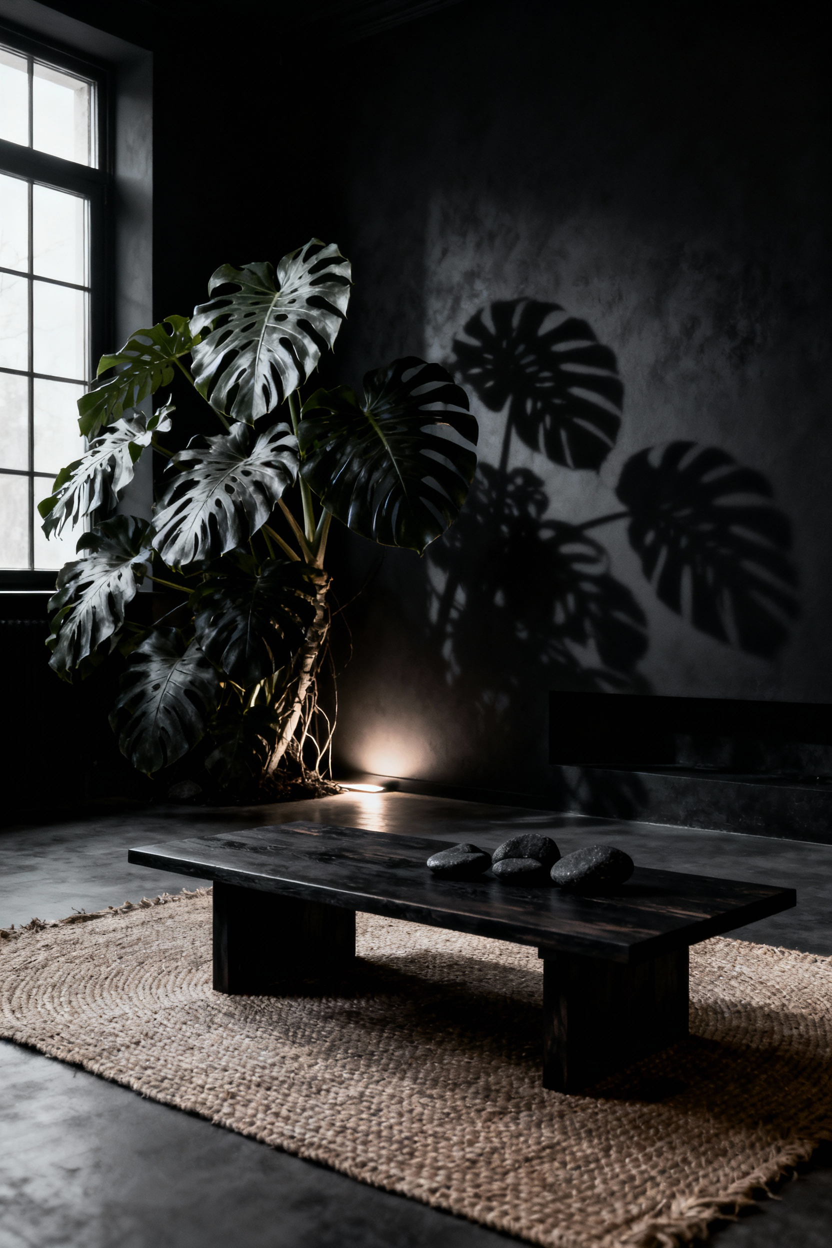 A black living room with a large Monstera plant casting dramatic shadows on a matte wall, showcasing biophilic design with dark botanicals and natural elements.