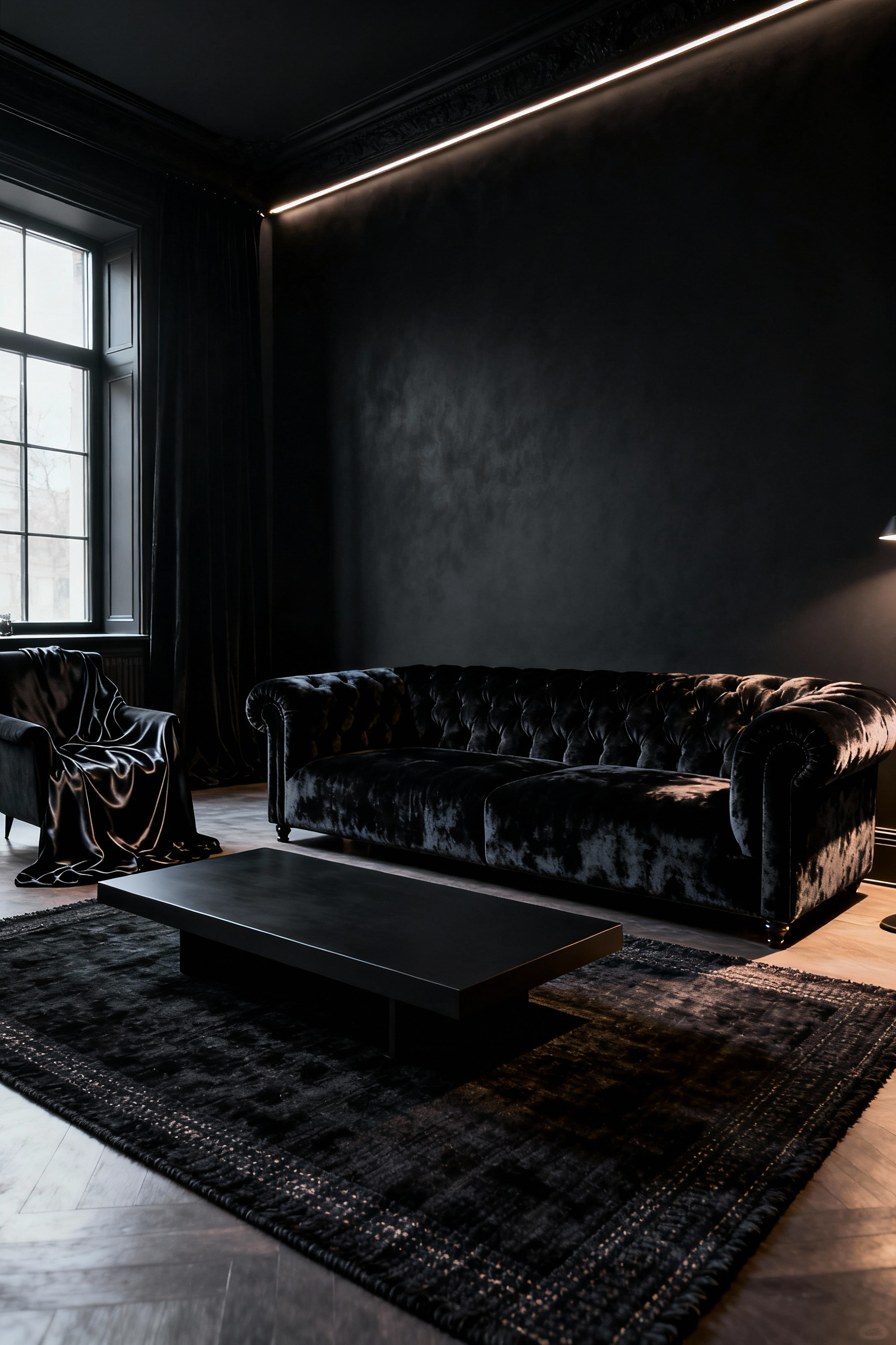 Black living room with luxurious velvet Chesterfield sofa and raw silk throw, showcasing varied fabric textures for modern gothic style.