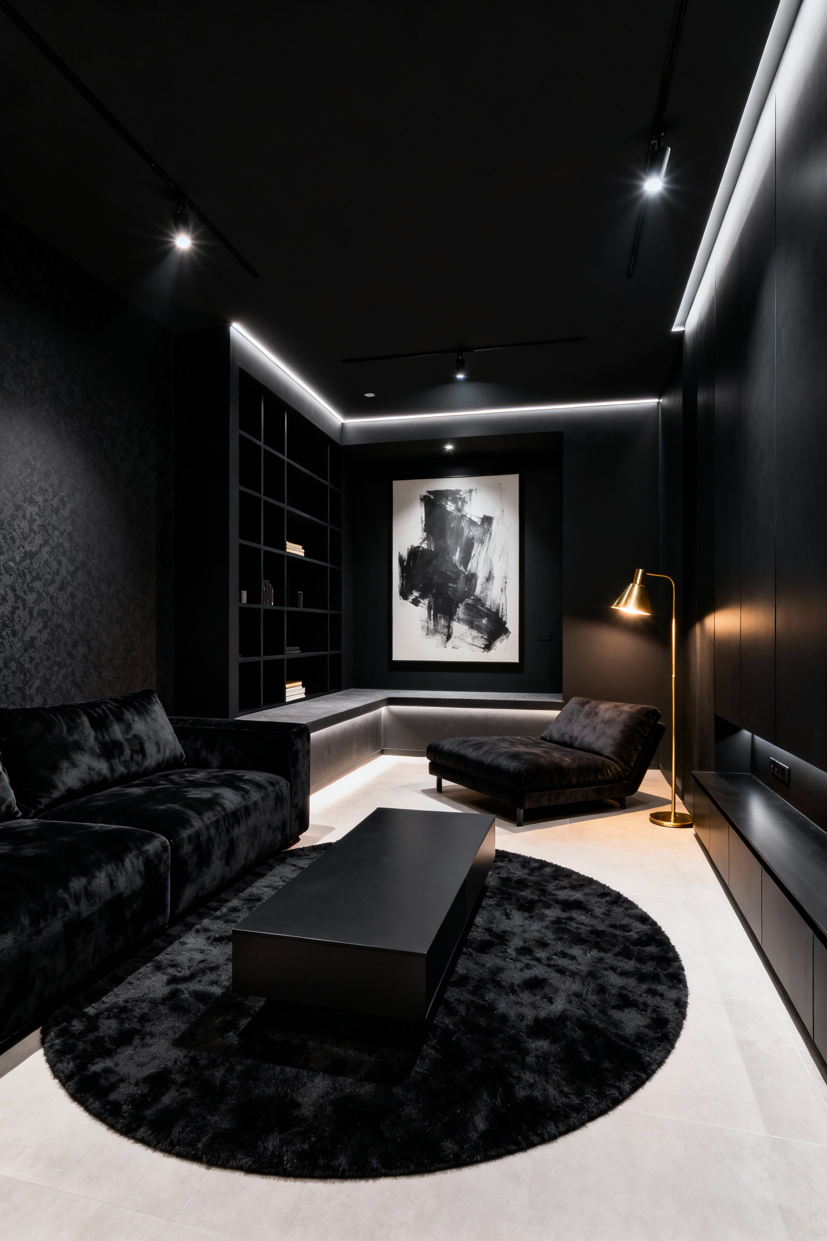 Luxurious black living room featuring multi-functional zones, including a velvet conversation area and a reading nook with brass lighting, all within a dramatically lit, textured black interior.