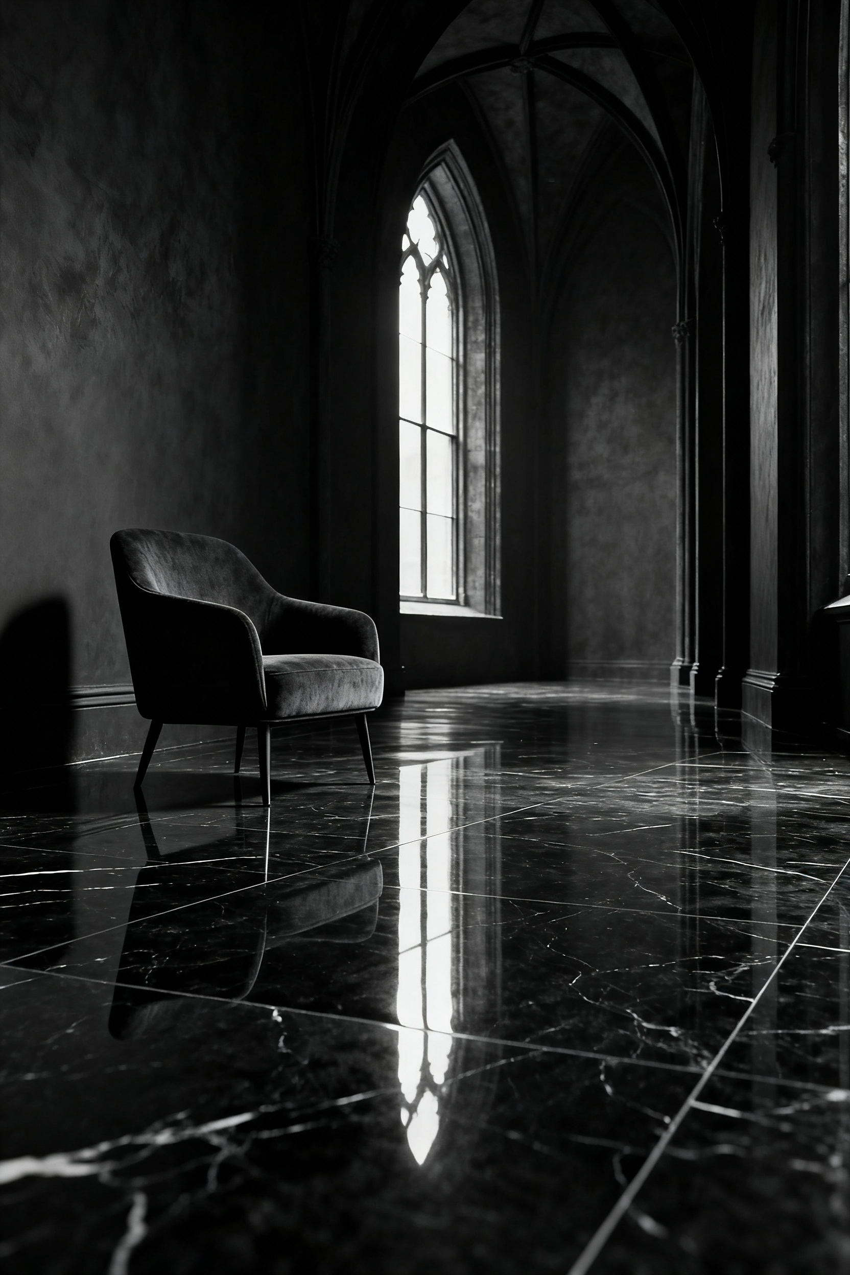 Modern gothic living room with polished black marble flooring and minimalist dark furniture, showcasing dramatic depth and reflections.