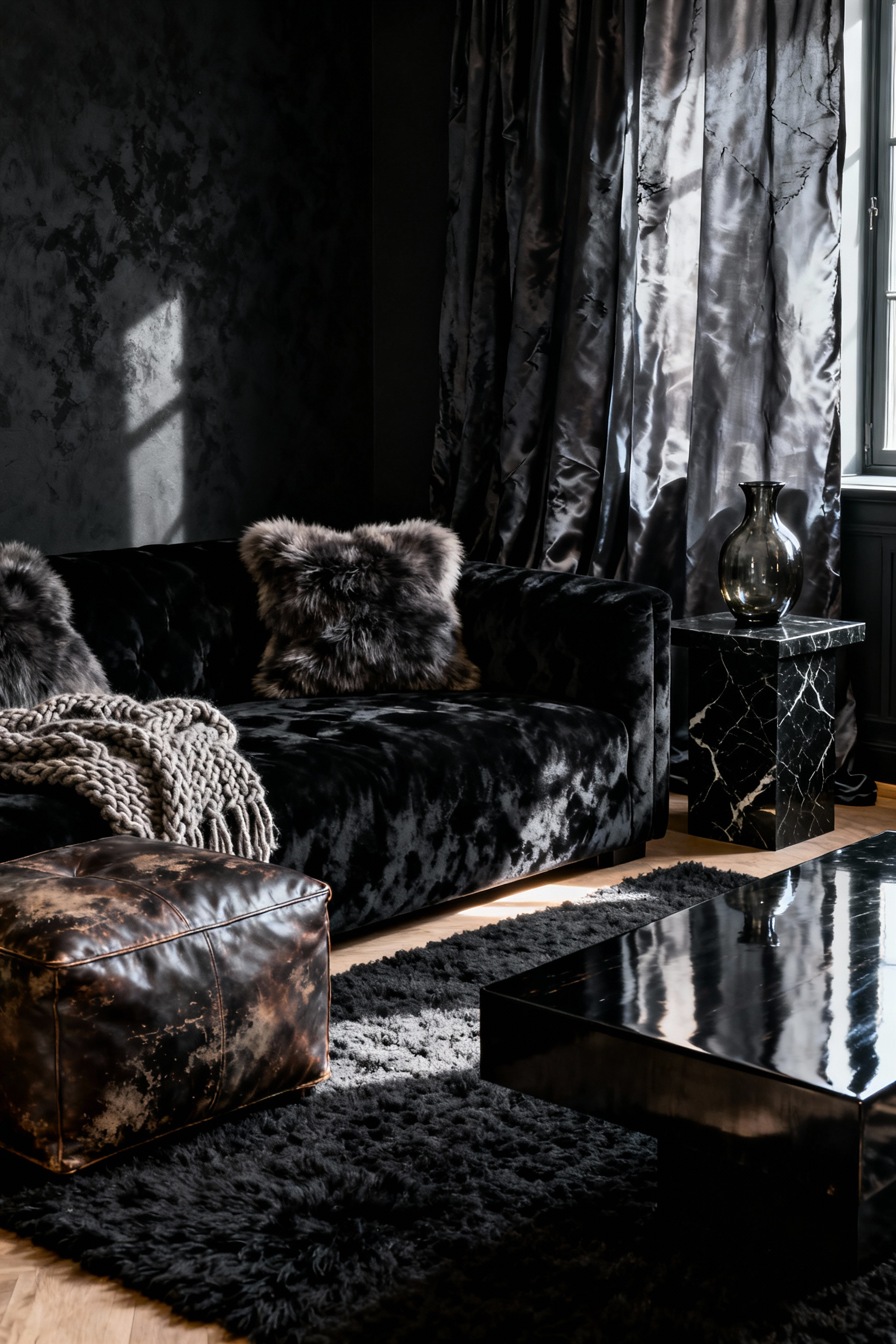 A richly textured black living room with velvet sofa, leather ottoman, and marble table, showcasing layered textures for depth and warmth in a modern gothic style.