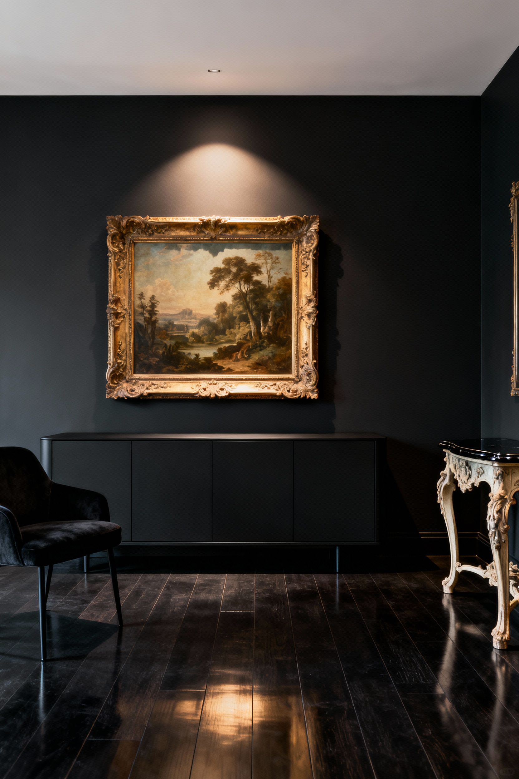 Black living room with a blend of antique gilt-framed painting, modern black credenza, velvet armchair, and antique side table, creating a dramatic, eclectic look.