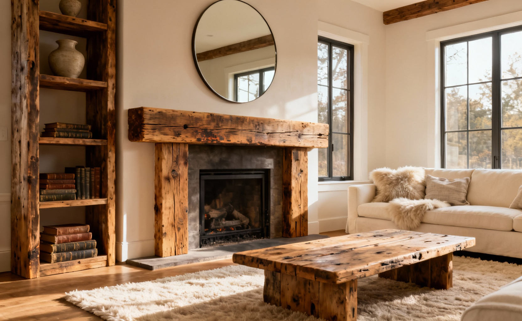 A rustic living room with a prominent fireplace mantel made from reclaimed wood, a reclaimed wood coffee table, and shelving, accented with soft textiles.