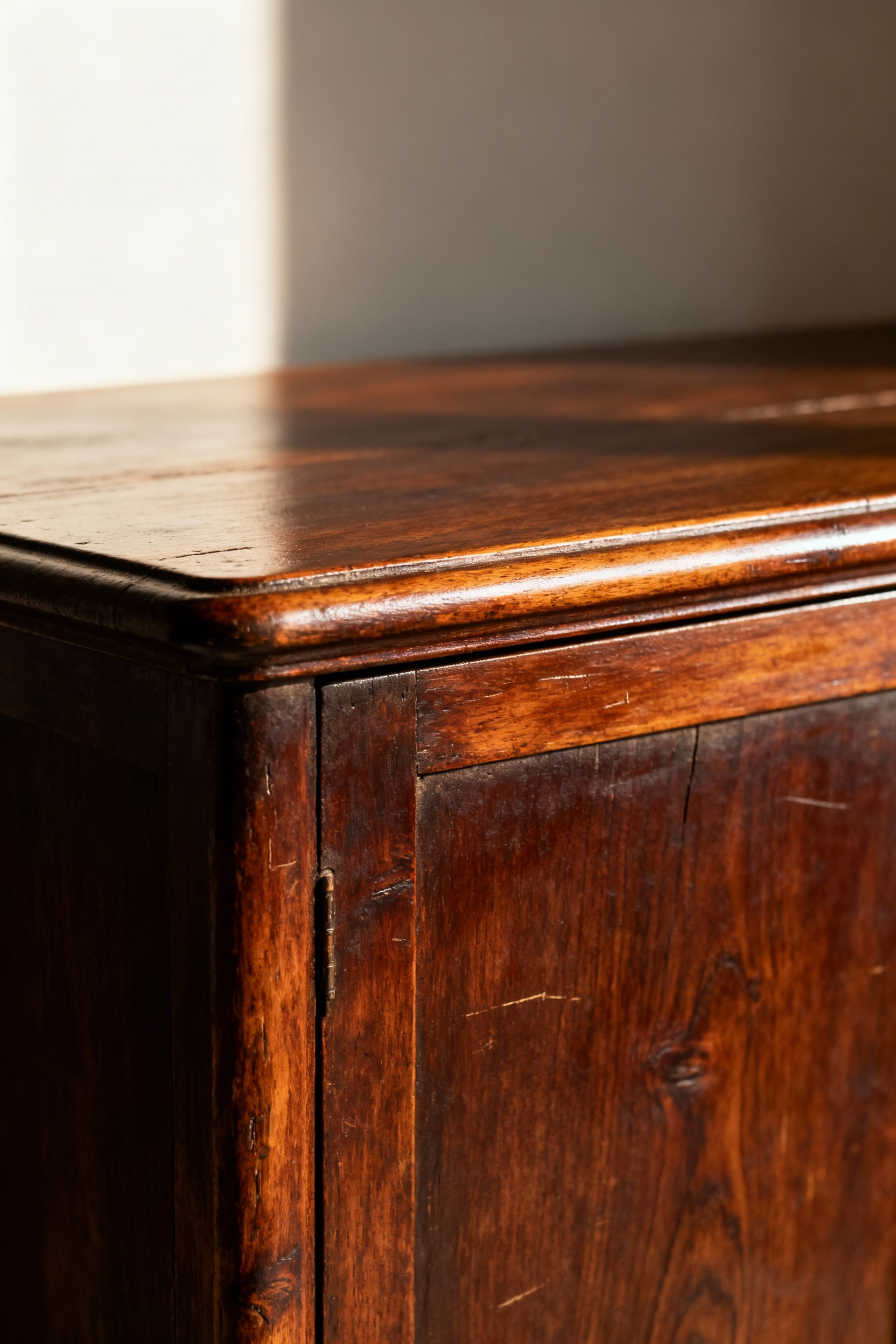 Close-up of aged timber being restored, showing natural patina and wood grain with a warm, natural oil finish applied gently, enhancing its rustic character.