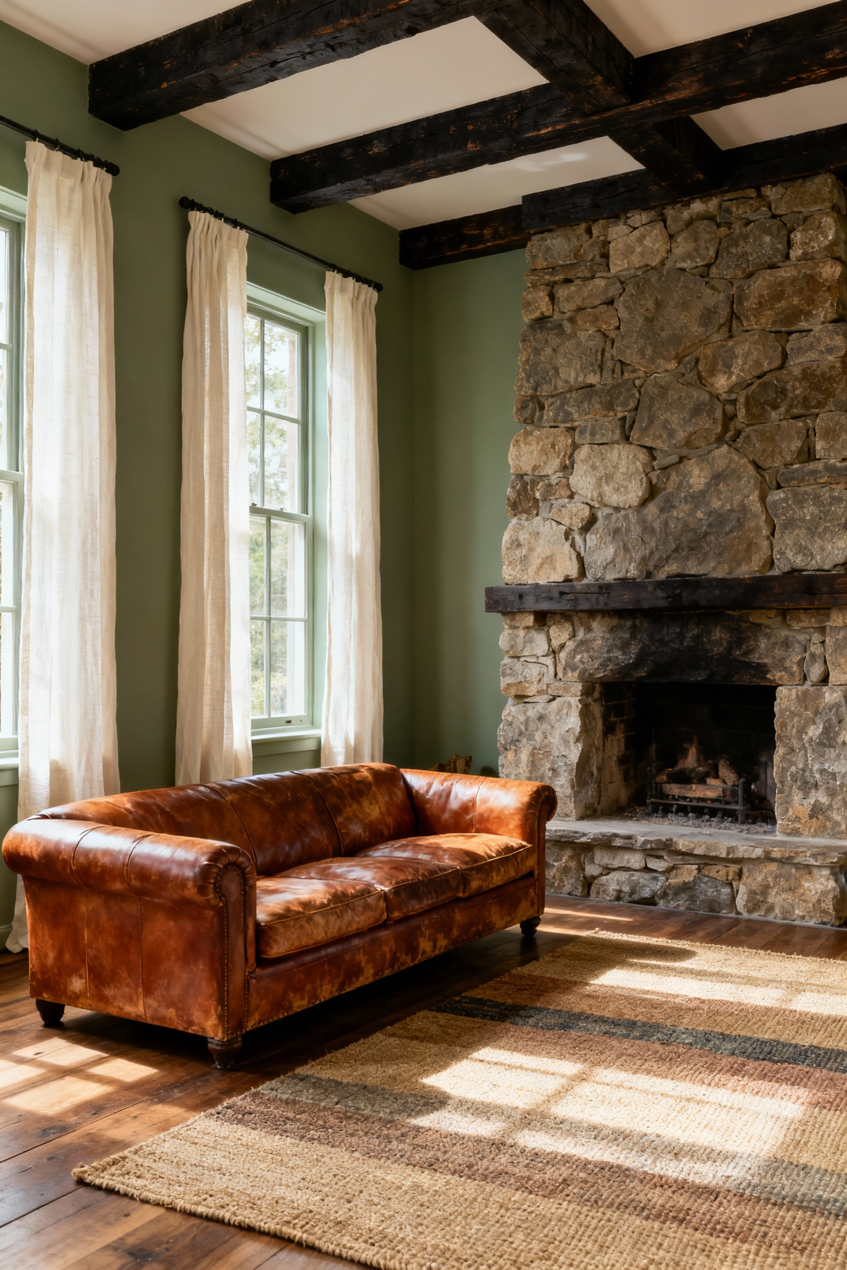 Rustic living room with muted sage walls, aged leather sofa, stone fireplace, and reclaimed wood details, showcasing an earth-toned color palette.