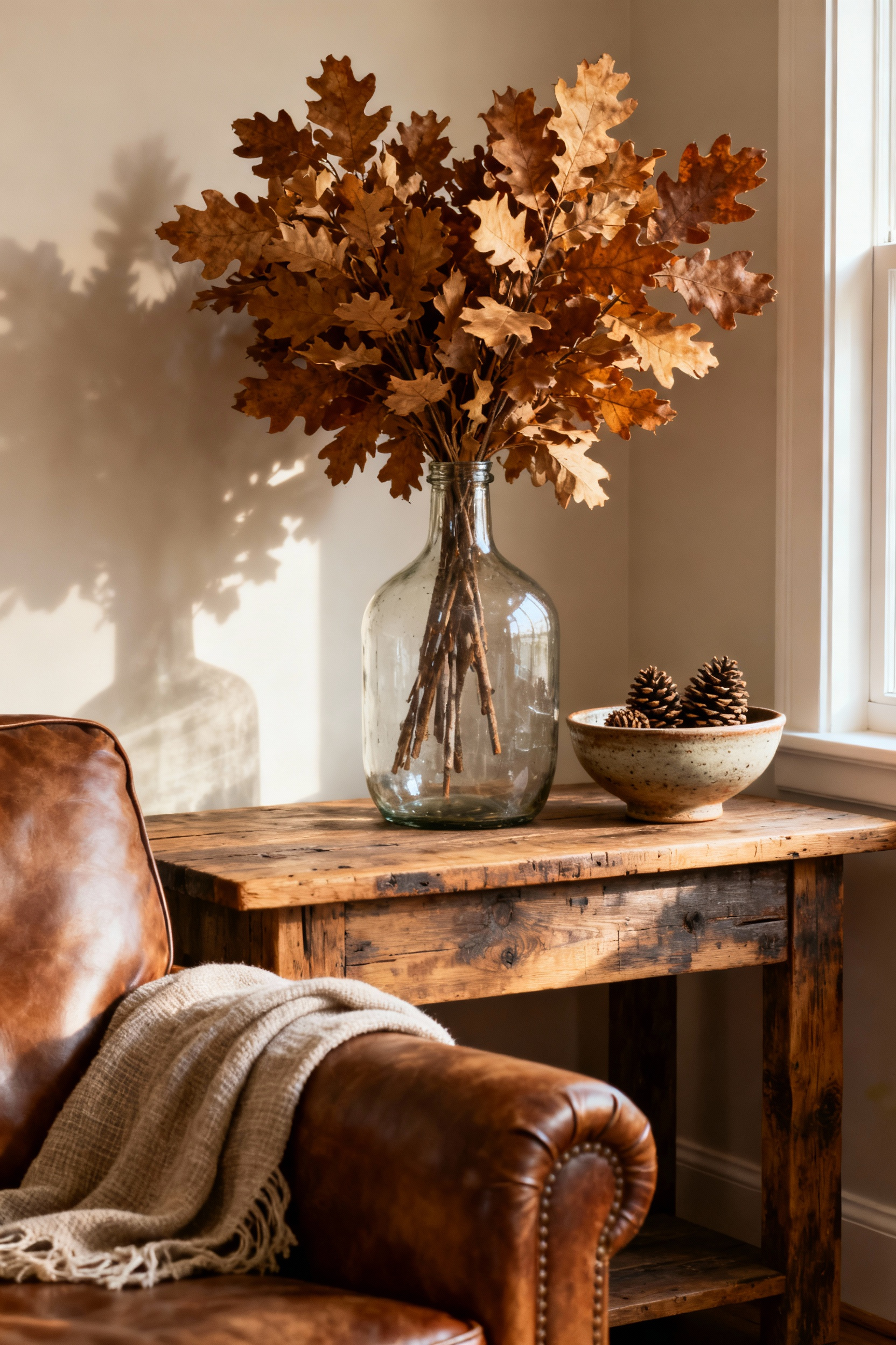 Rustic living room corner featuring a reclaimed wood console table with a large glass demijohn filled with dried oak leaves, illustrating seamless seasonal decor transitions. A cozy leather armchair with a linen throw is visible.