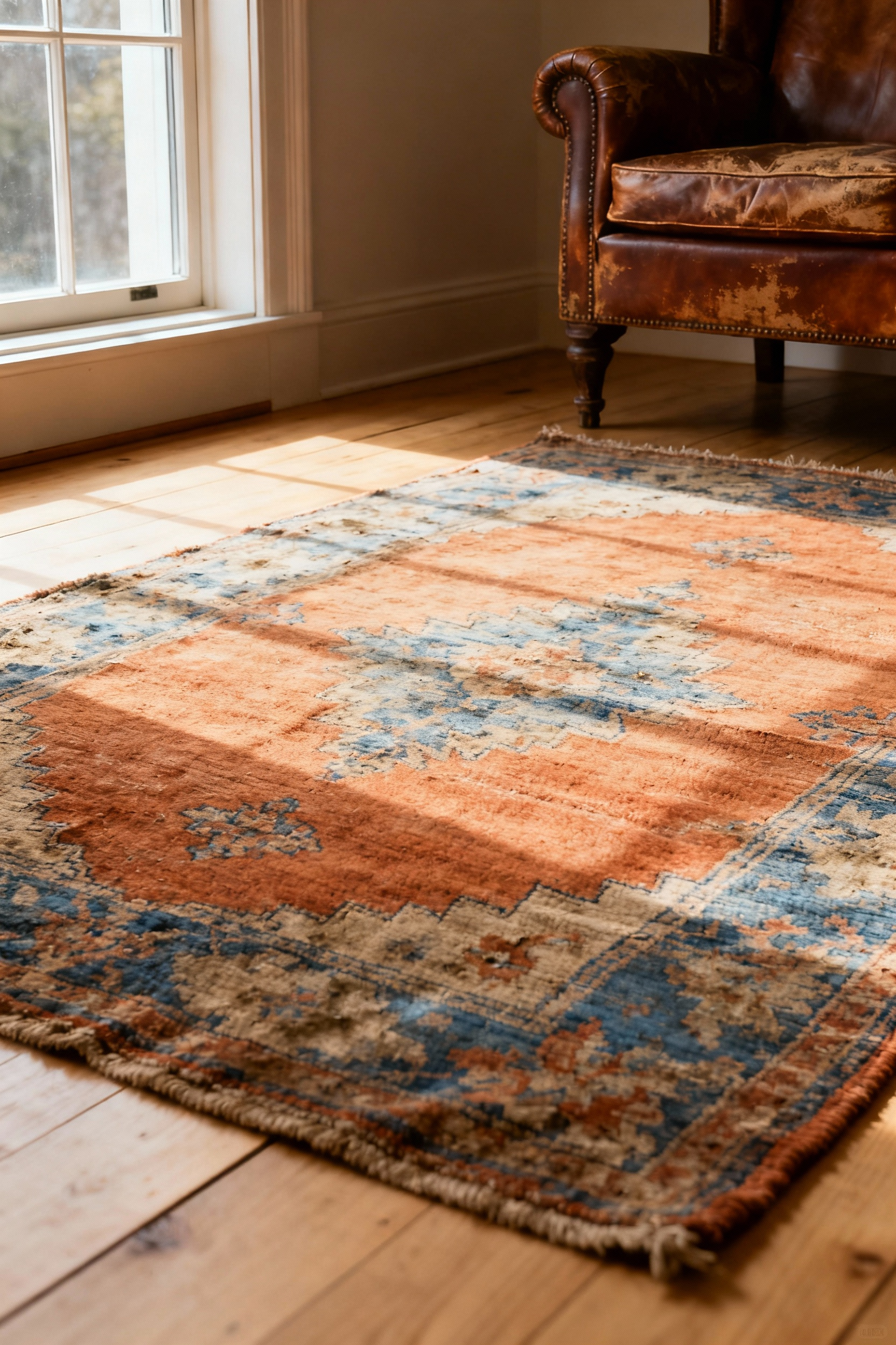 Rustic living room with a focus on a beautiful, authentically worn Oushak rug in terracotta and blue tones, anchoring the space with historic depth.