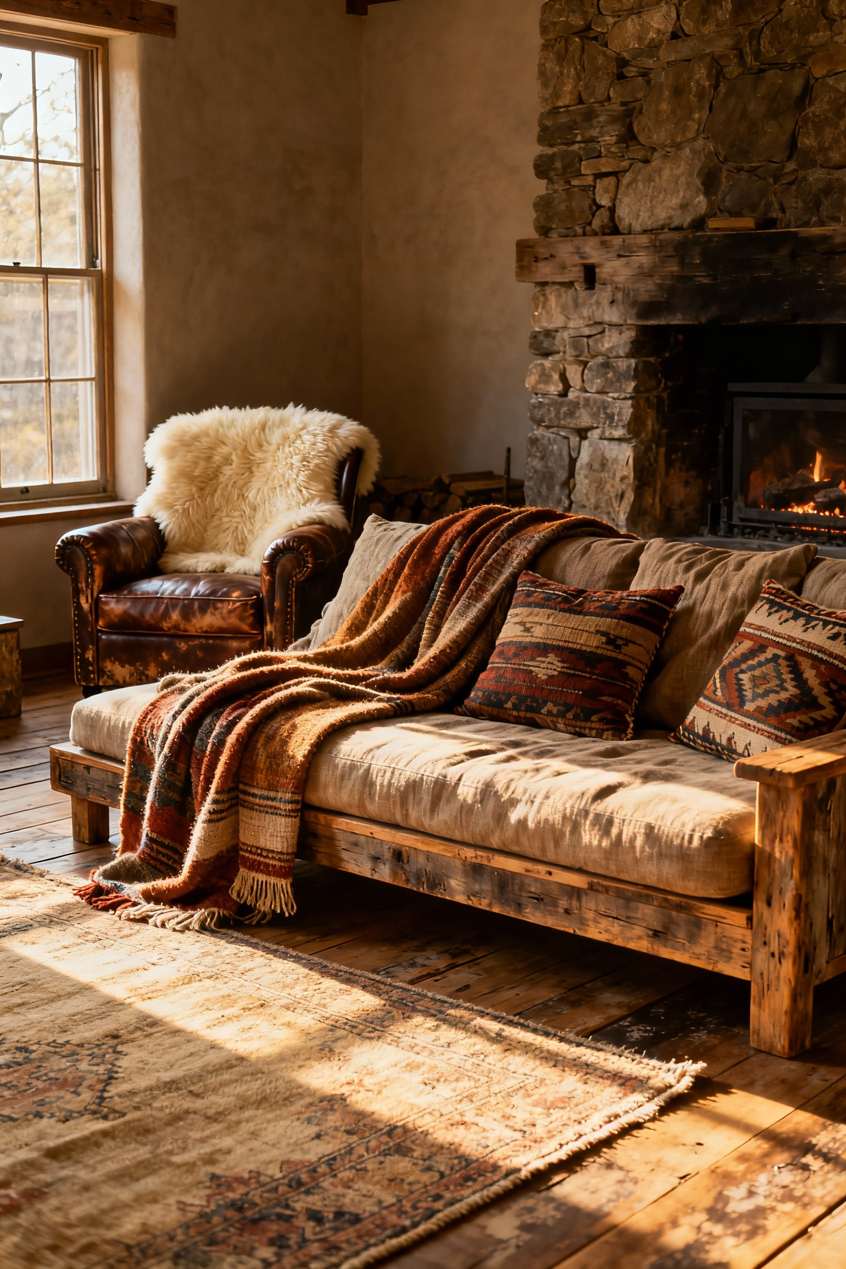 Rustic living room decor featuring a reclaimed wood sofa and leather armchair, both draped with hand-woven wool throws, linen, and kilim cushions, complemented by a vintage faded rug on a wood floor and a stone fireplace.