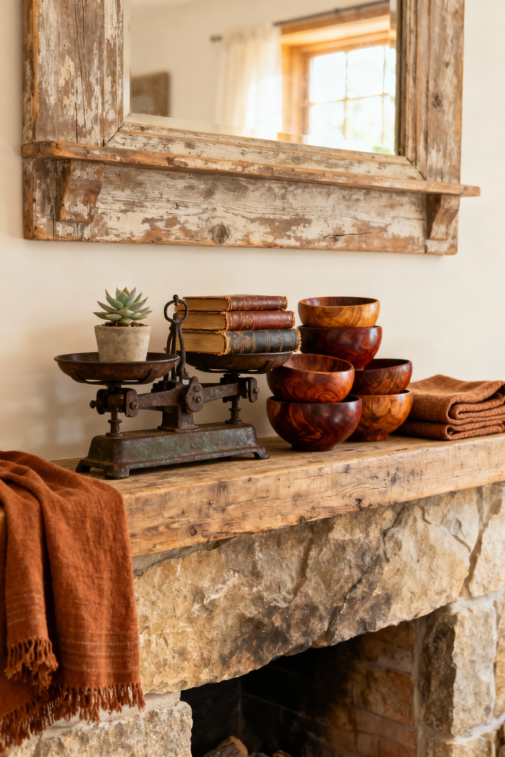 Rustic living room decor featuring a curated mantelpiece with antique iron scale, vintage books, succulent, and hand-carved wooden bowls, showcasing charming found objects and artisanal keepsakes.